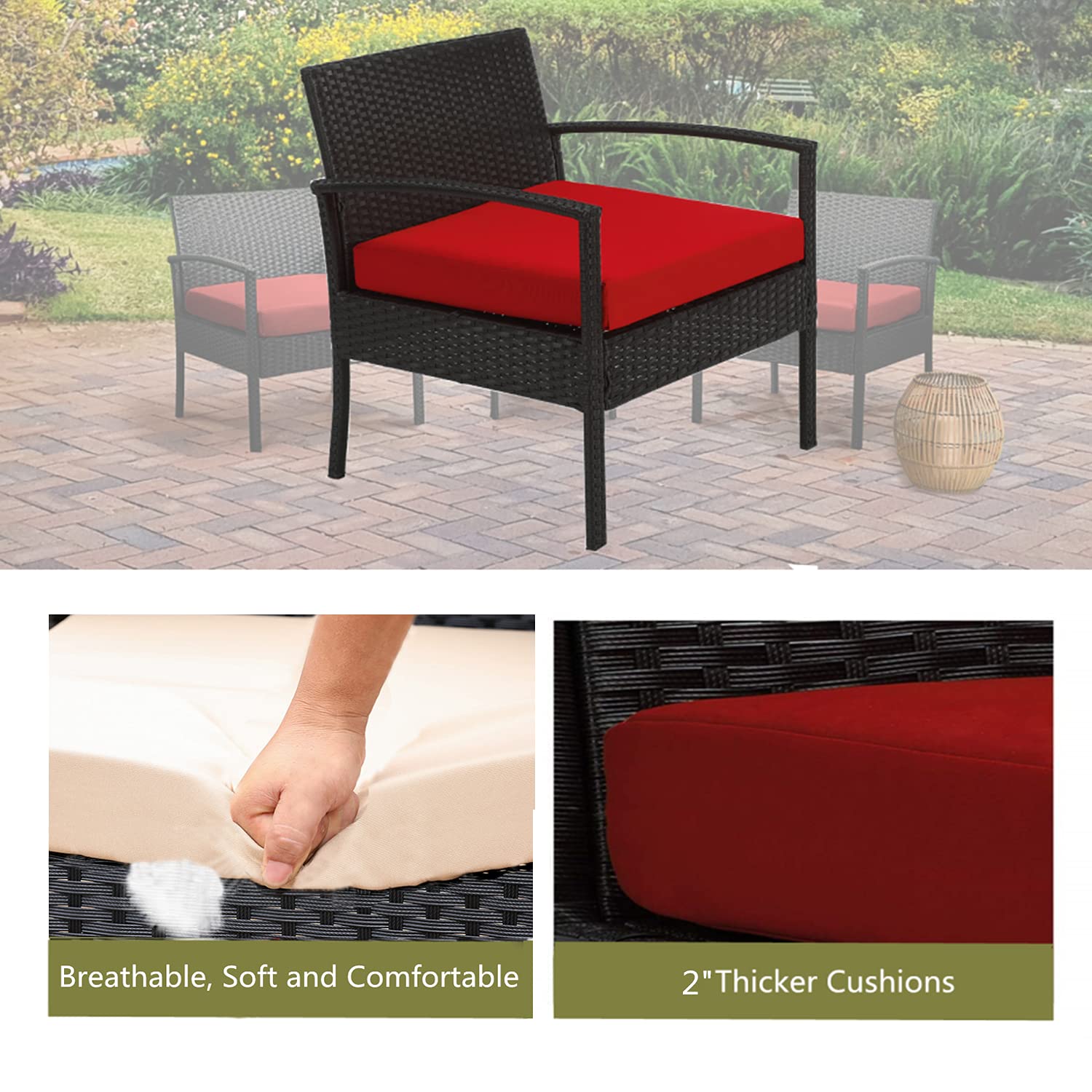 **3-Piece Outdoor Patio Set - Wicker Bistro Chairs with Table & Cushions for Balcony, Backyard, Porch - Perfect for Relaxing & Entertaining (Red)**