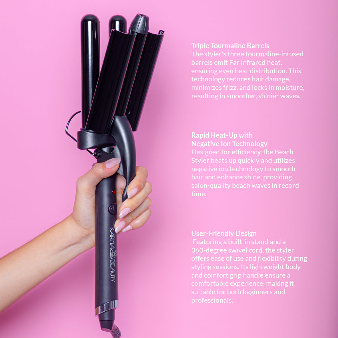 Beach Styler Triple Barrel Hair Waver - Professional Ceramic Tourmaline Curling Iron for Long & Short Hair - Perfect for Beach Waves, Loose Curls & Everyday Hairstyles - Salon Quality at Home
