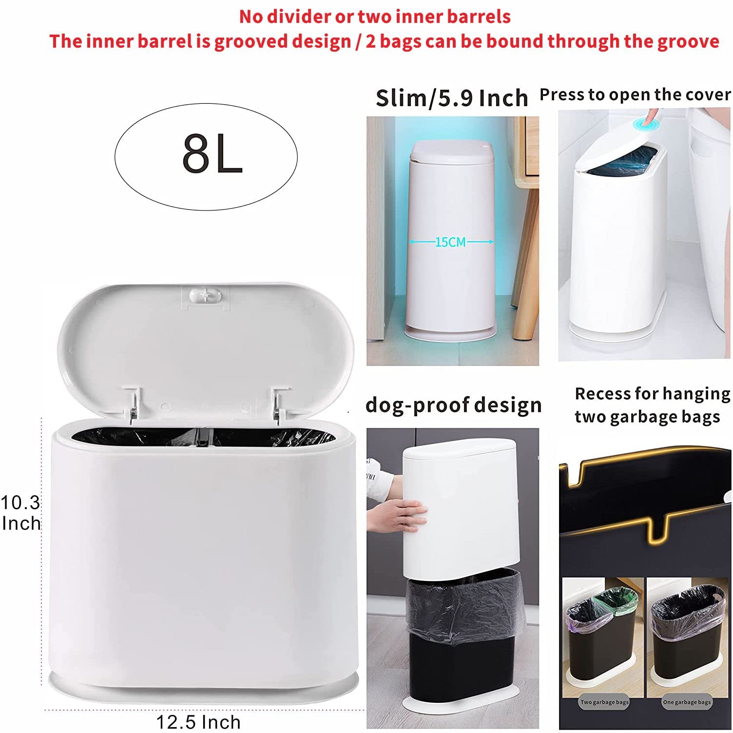 8L Slim Plastic Trash Can with Press Top Lid - 2.1 Gallon Small Narrow Garbage Bin, Dog Proof Wastebasket for Bathroom, Living Room, Bedroom, Kitchen & Office - Perfect for Small Spaces & Pet Owners (White)