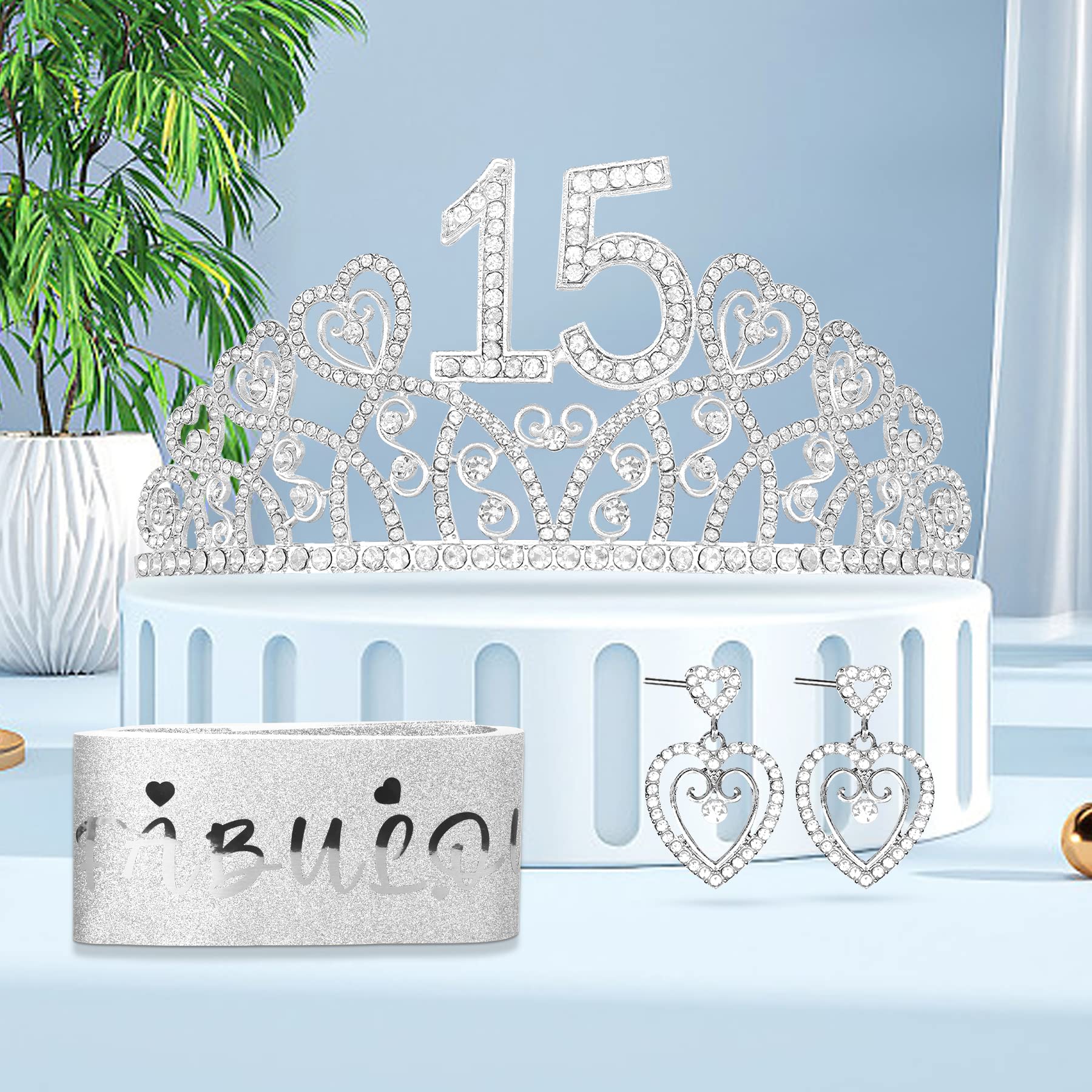 15th Birthday Decorations for Girls - Happy 15th Birthday Party Supplies, Tiara & Sash Set, Quinceañera Decorations - Perfect for Sweet 15 Celebrations, Birthday Gifts & Photo Backdrops
