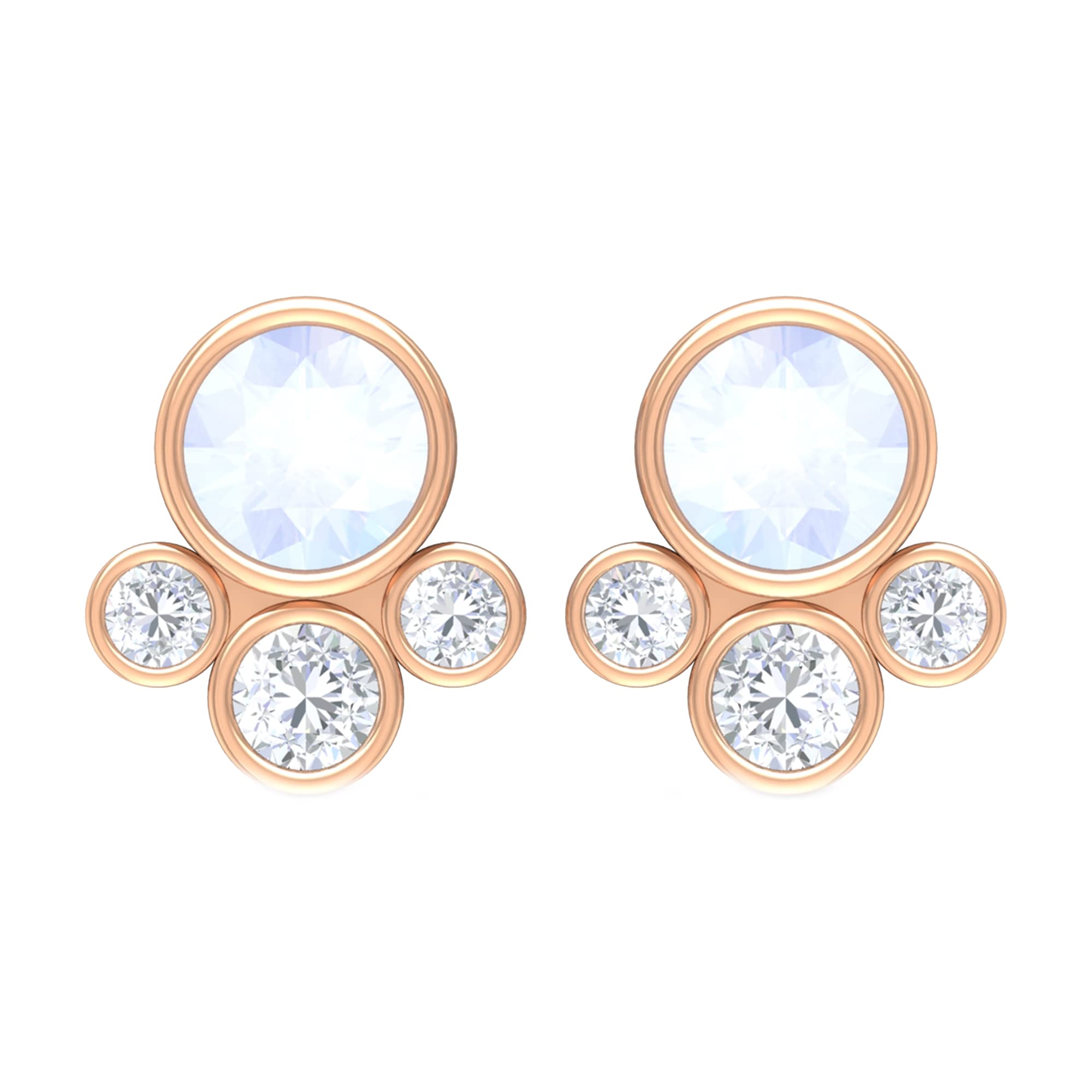 1/4 CT Moonstone and Diamond Stud Earrings - 14K Solid Gold Bezel Set Light Blue & White Cluster Earrings for Women - Perfect for Weddings, Anniversaries & Everyday Elegance