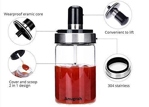 Borosilicate Glass Food Storage Jars with Spoon & Olive Oil Bottle with Brush - Airtight Spice Salt Sugar Condiment Containers for Kitchen & Restaurants - 250ml Transparent Glass Jars - Perfect for Pantry Organization, Meal Prep & Gourmet Cooking