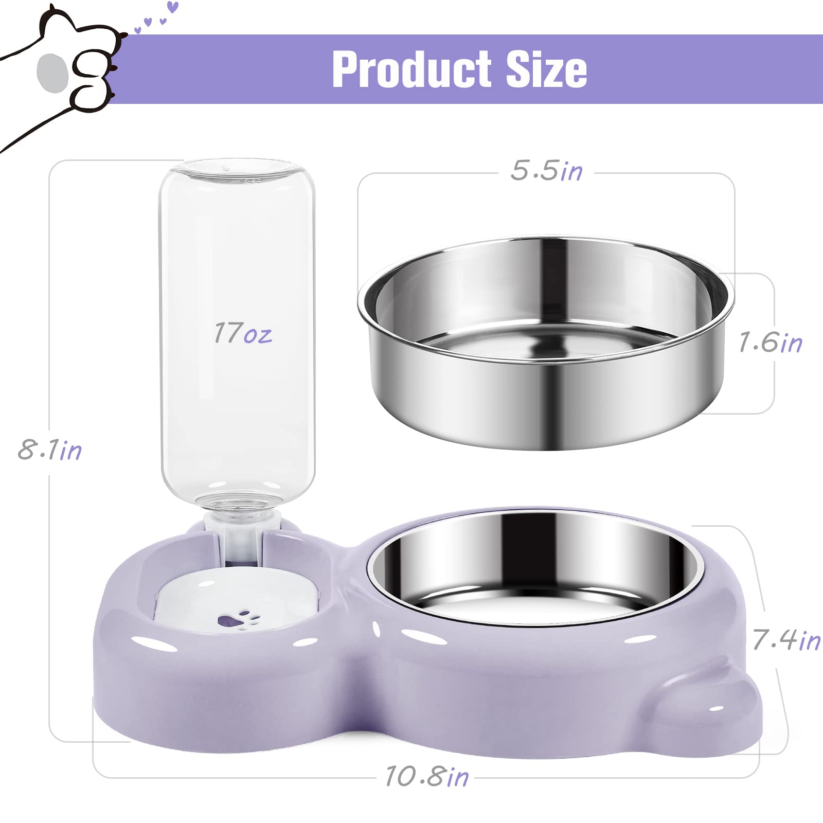 Premium Stainless Steel Cat & Small Dog Bowls Set with Water Dispenser - Non-Slip Pet Food & Water Dishes for Home, Travel & Outdoor Use - Purple