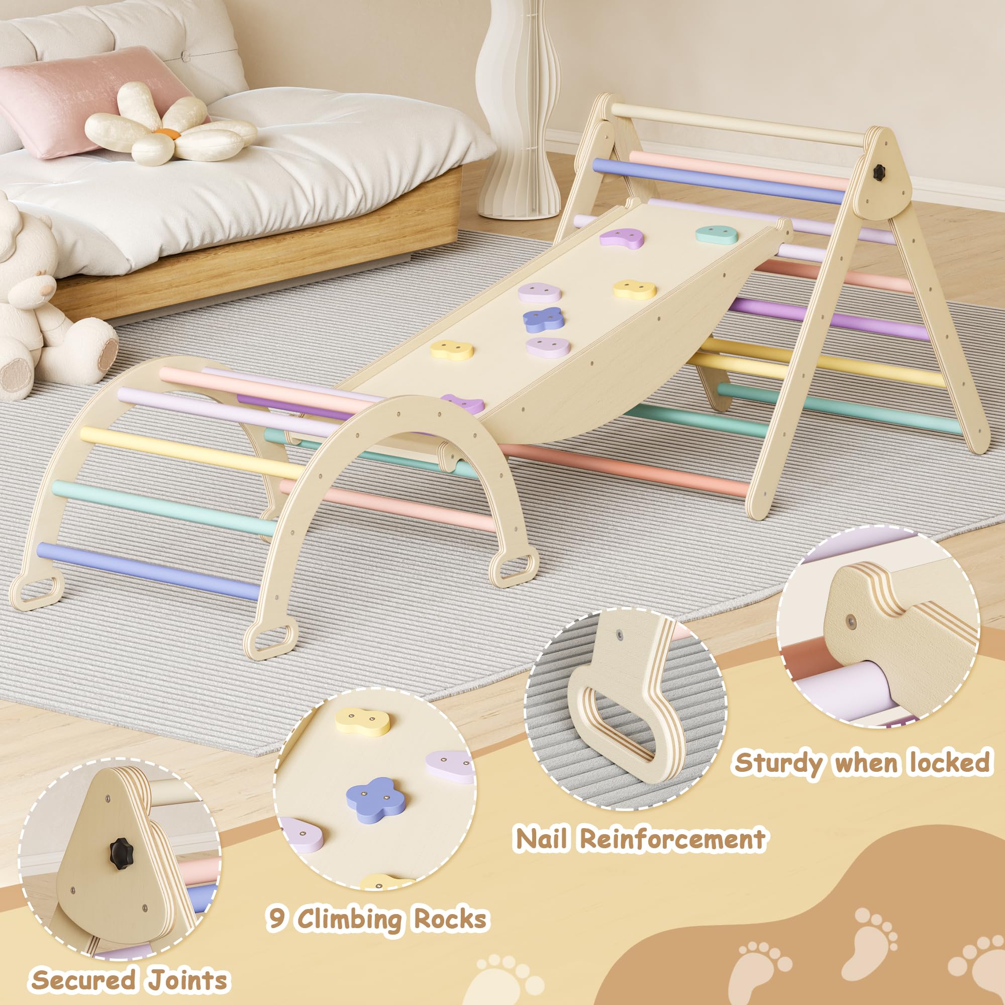 ROOMTEC 5-in-1 Montessori Pikler Triangle Set - Baby Climbing Toys for Toddlers with Arch, Ramp & Triangle - Indoor & Outdoor Play Gym for Kids - Perfect for Home Playroom, Daycare & Backyard Activities