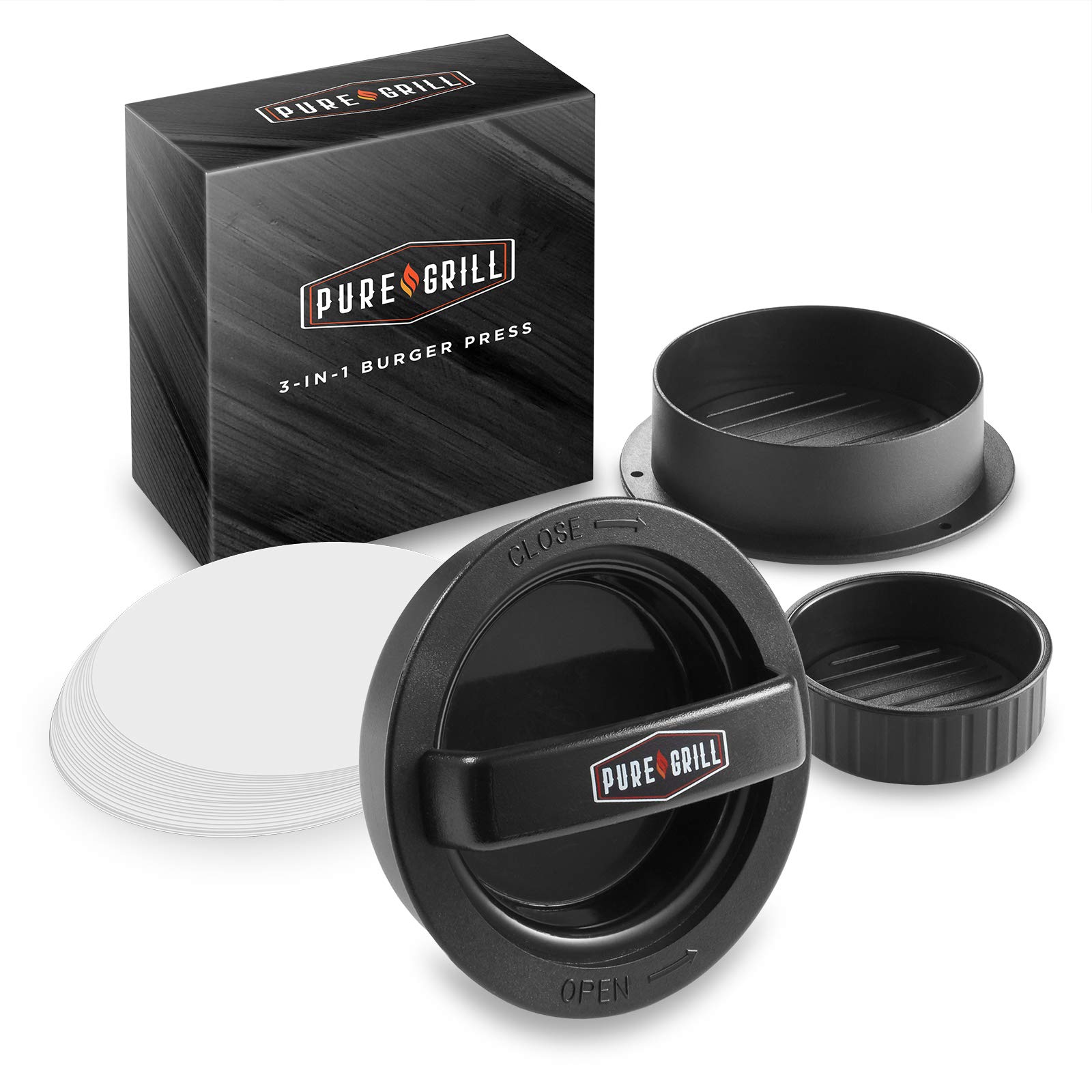 Pure Grill 3-in-1 Burger Press & Patty Maker with 100 Wax Papers - Perfect for BBQ, Grilling Hamburgers, Beef Patties, and Sliders | Ideal for Backyard Cookouts, Picnics, and Family Gatherings