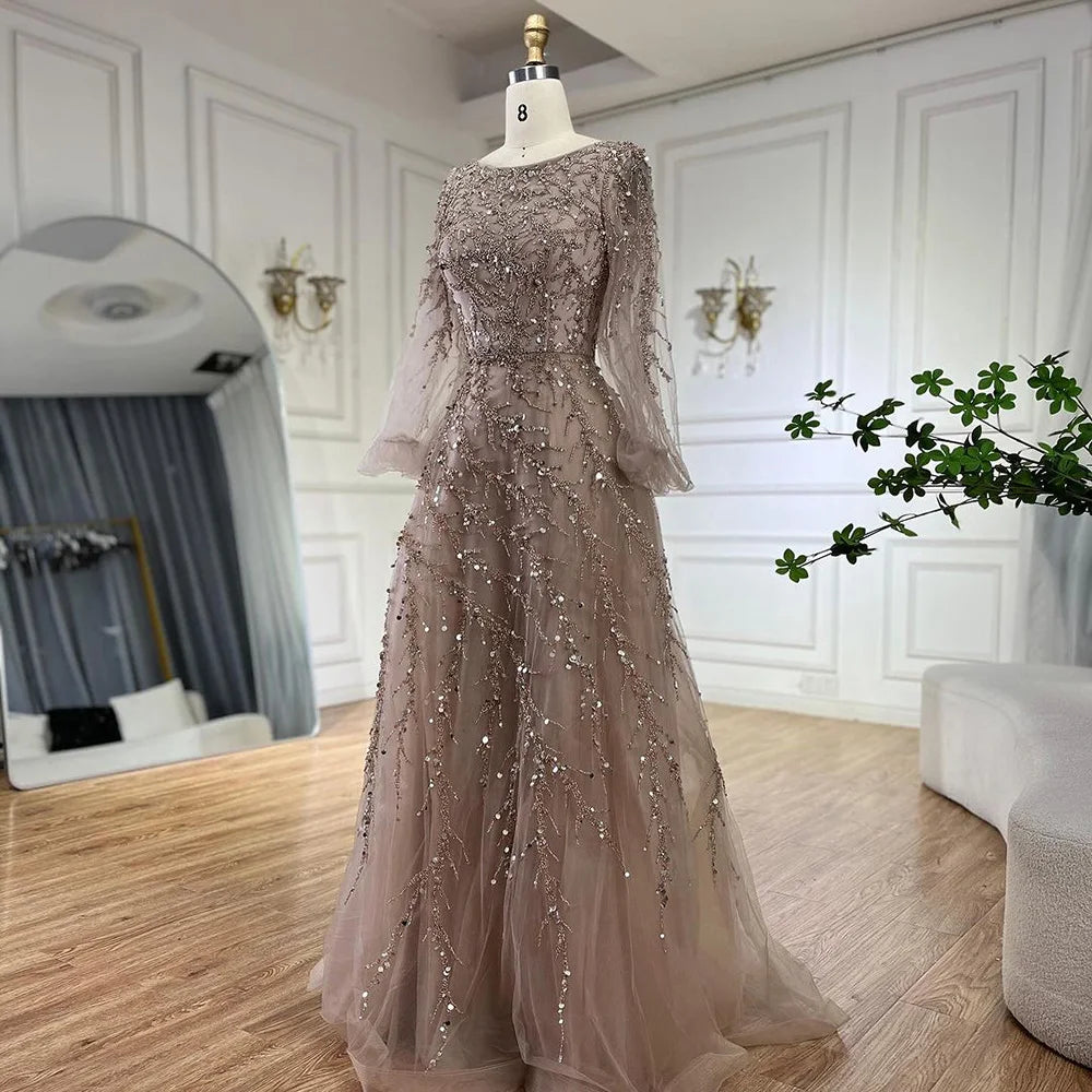 Luxury Muslim Caramel A-Line Beaded Dubai Evening Gown for Women - Elegant Long Dress for Weddings, Parties & Special Occasions - Serene Hill LA71653A - Perfect for Formal Events, Galas & Evening Celebrations
