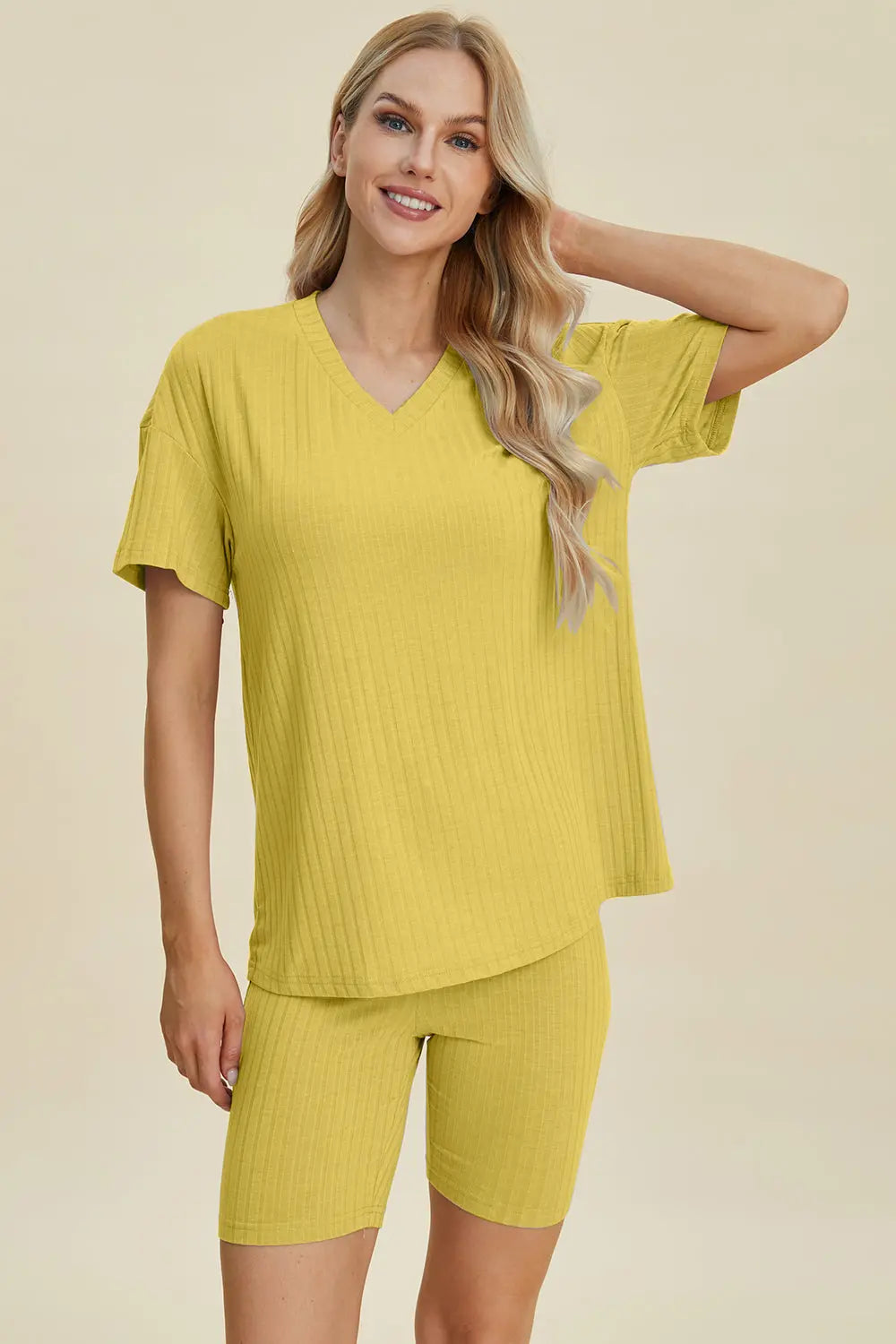 Basic Bae Full Size Ribbed V Neck Short Sleeve Top and Shorts Set - Women's Casual Summer Outfit for Beach, Lounge & Everyday Wear