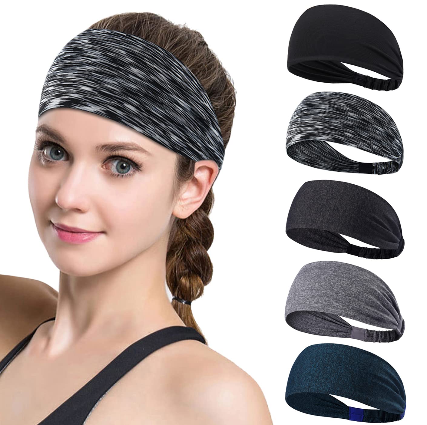 Elastic Workout Headbands for Women & Men - Wide Sweatband for Yoga, Gym, Running, Tennis & Cycling - Moisture Wicking Sports Head Wrap - Perfect for Fitness, Exercise & Travel Activities