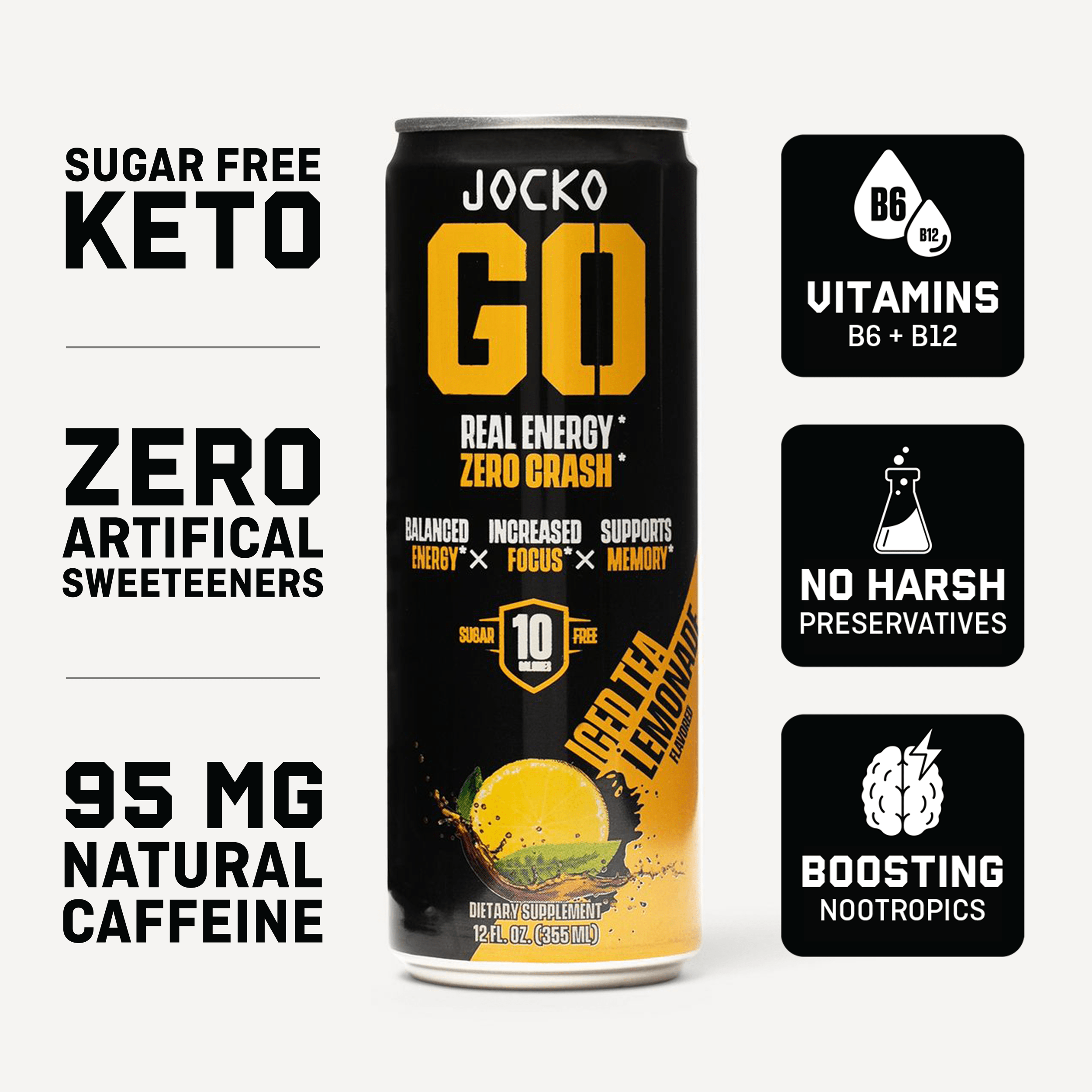 JOCKO GO Energy Drink - 12 Pack | Sugar-Free Pre Workout & Post Workout Supplement | Boost Energy & Focus for Gym, Running & Fitness