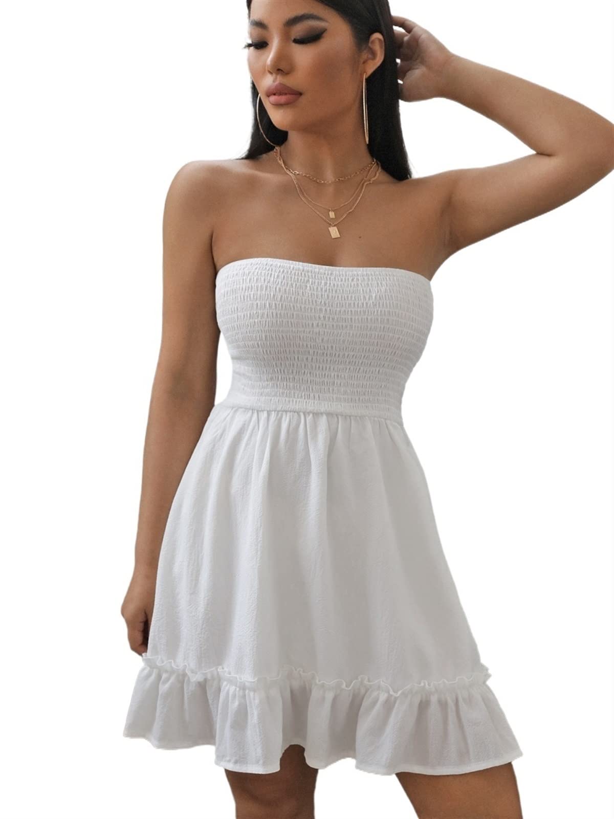 VIYAN Women's White Cutout Back Tube Dress - Shirred Bodice Bodycon Fit for Party, Date Night & Summer Outfits