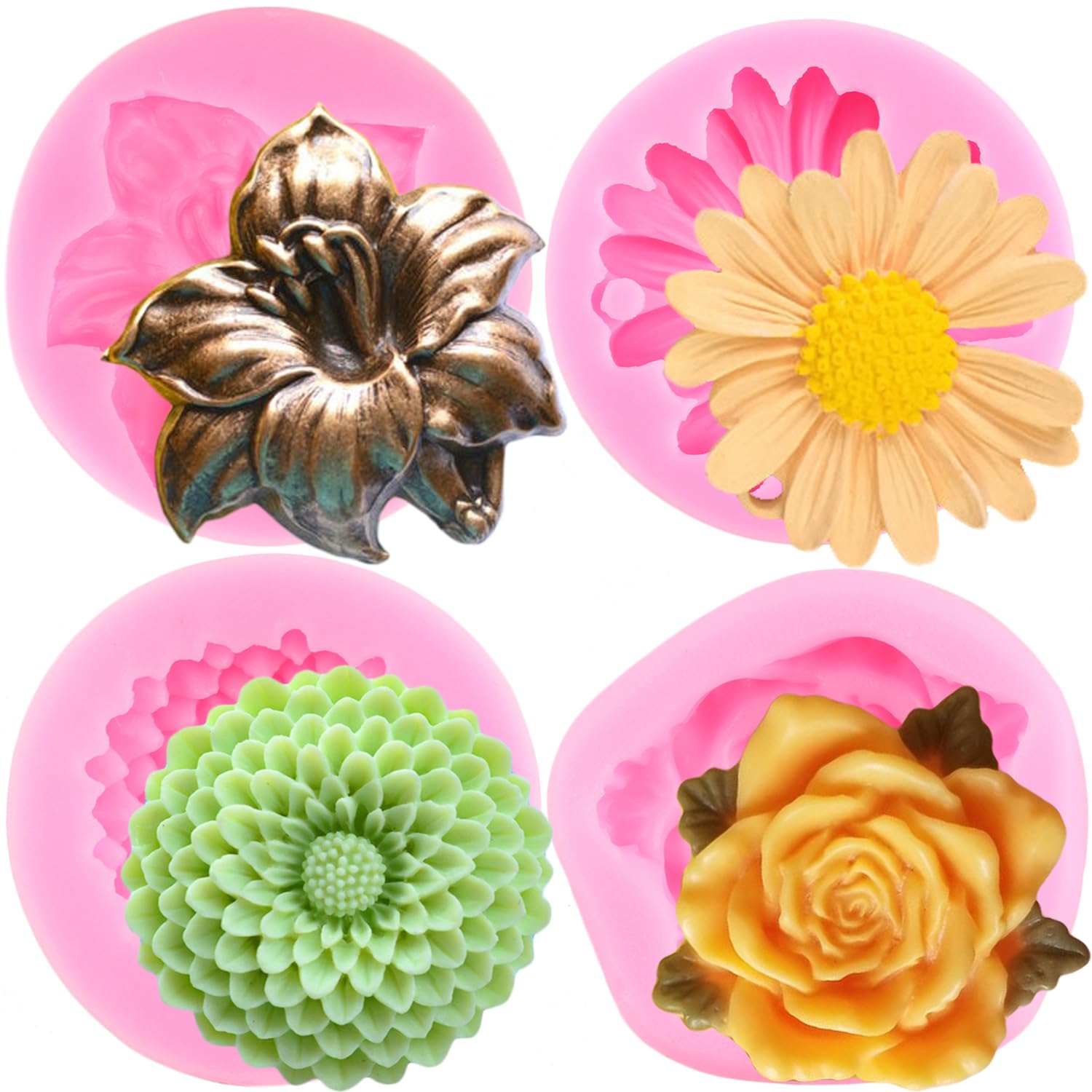 Premium Silicone Flower Molds Set of 4 - Chrysanthemum, Rose & Tropical Blossom Shapes for Cake Decorating, Fondant, Chocolate, Gum Paste & Polymer Clay - Perfect for Cupcake Toppers, Candy Making & DIY Crafts