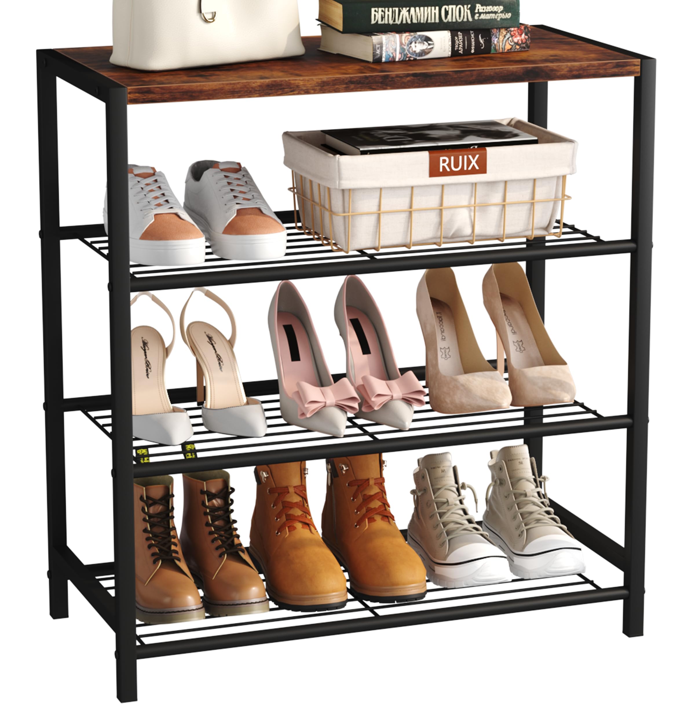4-Tier Industrial Shoe Rack Organizer - Narrow Sturdy Metal Shoe Storage Shelf for Closet & Entryway - Rustic Brown Shoe Shelf for Boots, Sneakers & Home Organization (Perfect for Small Spaces & Apartment Living)