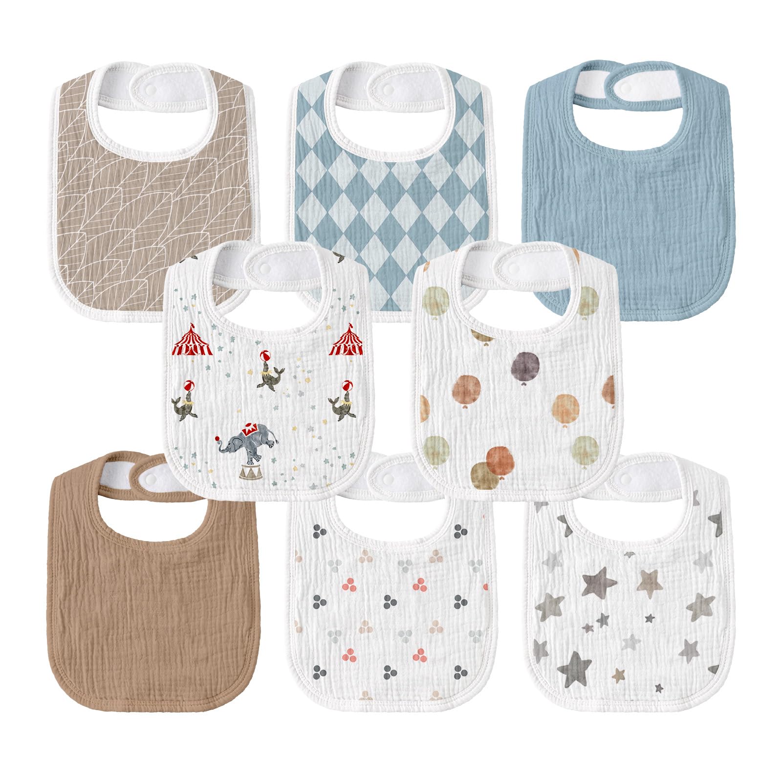 GLLQUEN Baby Muslin Drool Bibs 8 Pack - Adjustable Cotton Bandana Bibs for Boys & Girls, Soft Teething Bib for Newborns & Infants - Perfect for Feeding, Drooling & Teething Relief (Circus Design) - Ideal for Daily Use, Daycare & On-the-Go Parenting