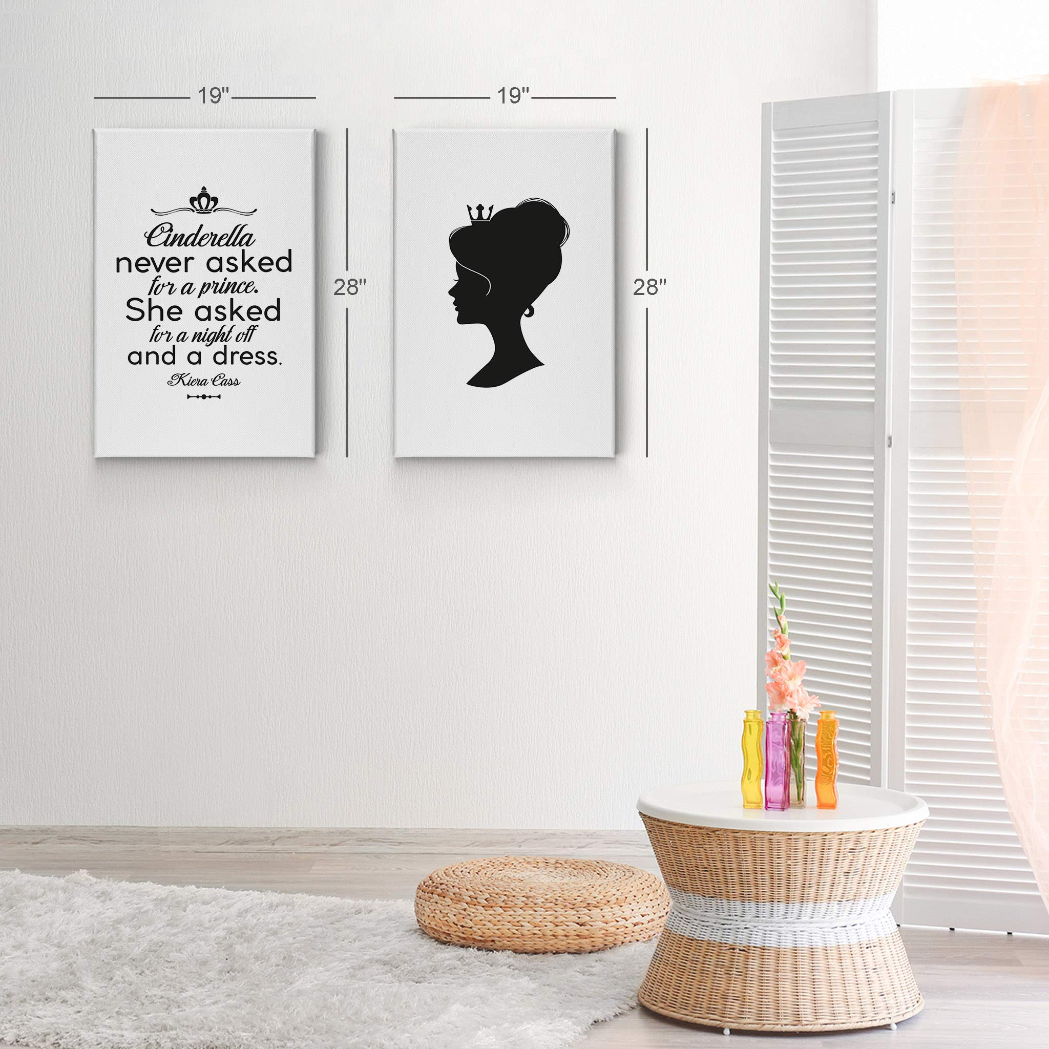 Smile Art Design Cinderella Inspirational Quote Black & White 2-Piece Canvas Wall Art Set - Glam Fashion Prints for Girls Room, Women's Dorm & Living Room Decor (28x19 Inches) | Perfect for Bedroom, Nursery & Home Office Wall Decor
