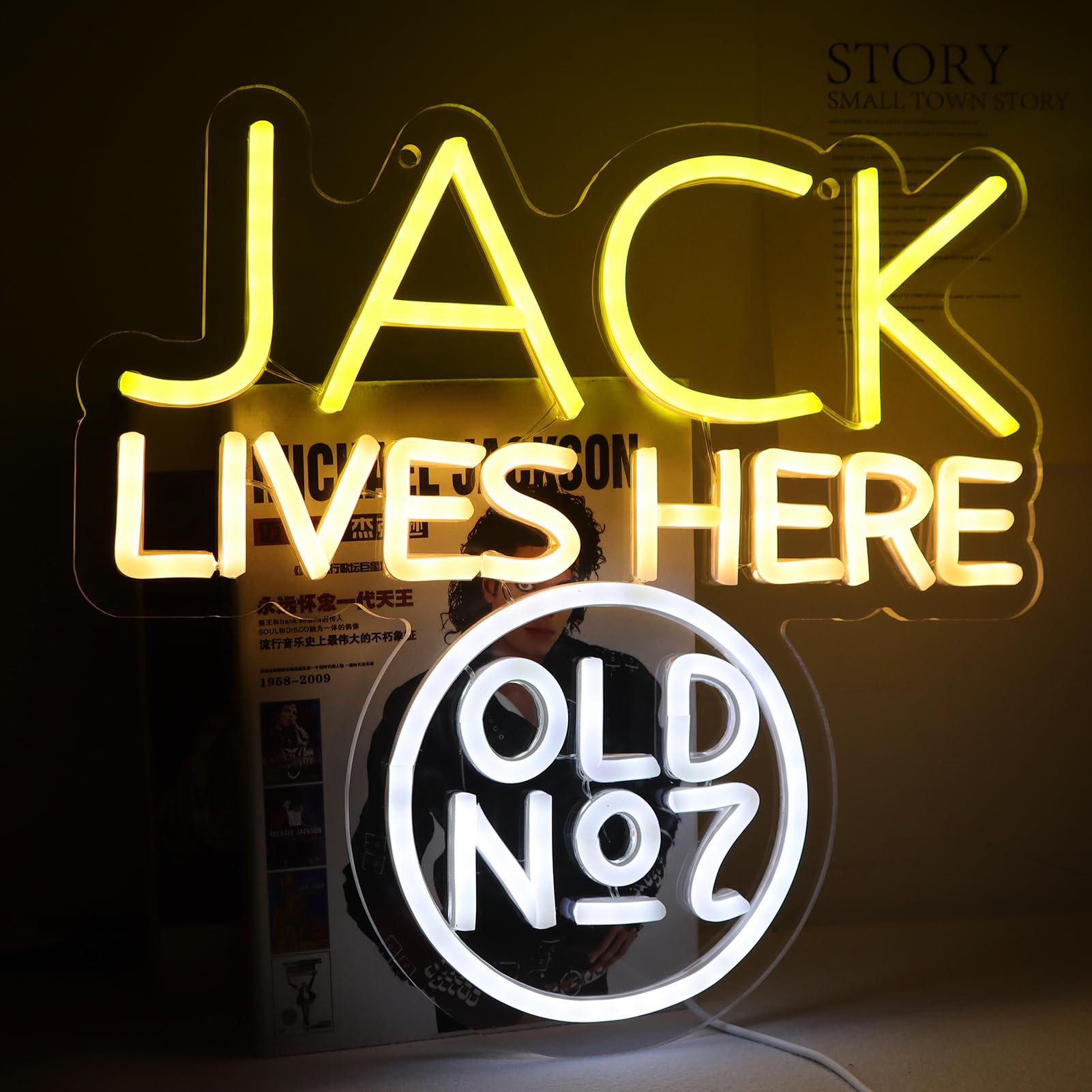 JACK Lives Here LED Neon Sign - Wall Decor for Bedroom, Man Cave & Doorplate | Custom Neon Lights with 5V Power Adapter (White & Yellow) | Perfect for Christmas Gifts & Home Decor