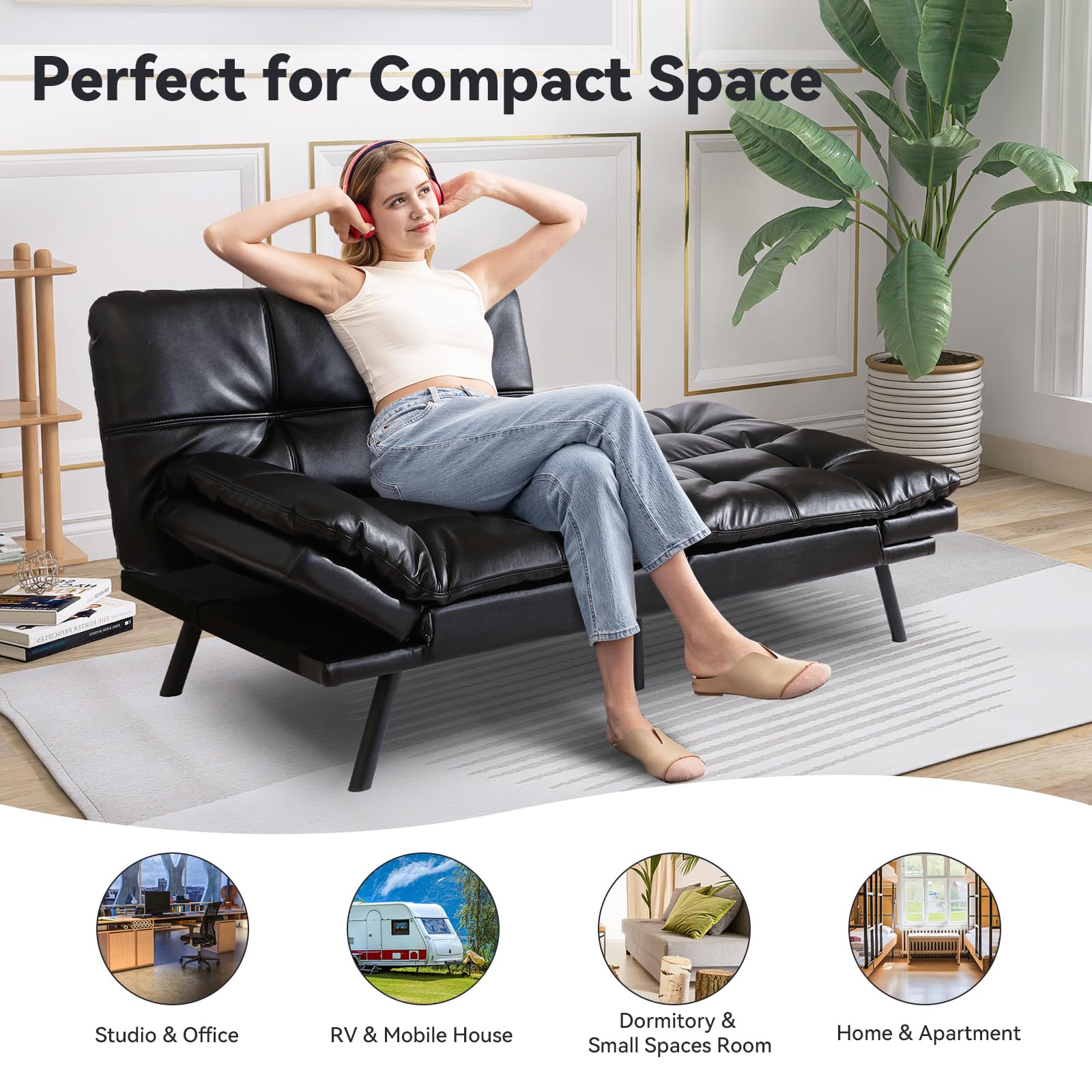 Hcore Convertible Futon Sofa Bed with Memory Foam - Modern Faux Leather Loveseat Sleeper for Living Room, Office & Apartment - Dark Black (SF-267) | Perfect for Small Spaces, Guest Rooms & Studio Apartments