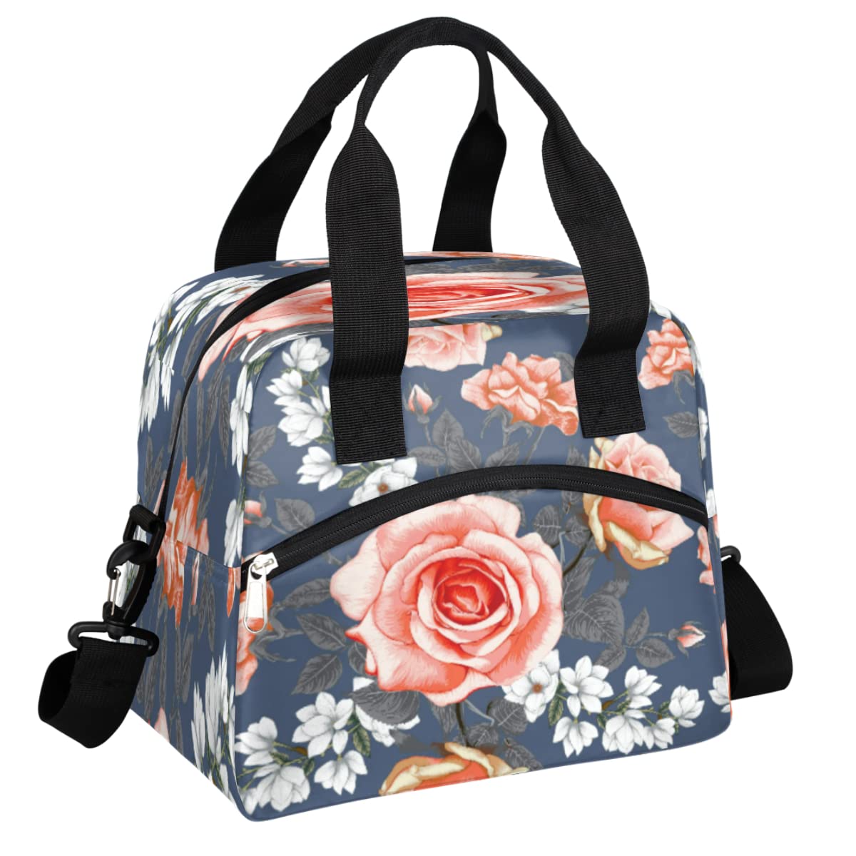 OHIKUETY Insulated Lunch Bag for Women & Kids - Pink White Floral Design, Wide Opening Reusable Lunch Box, Thermal Tote for Work, School, Travel - Perfect for Office, Picnics, and Daily Commute