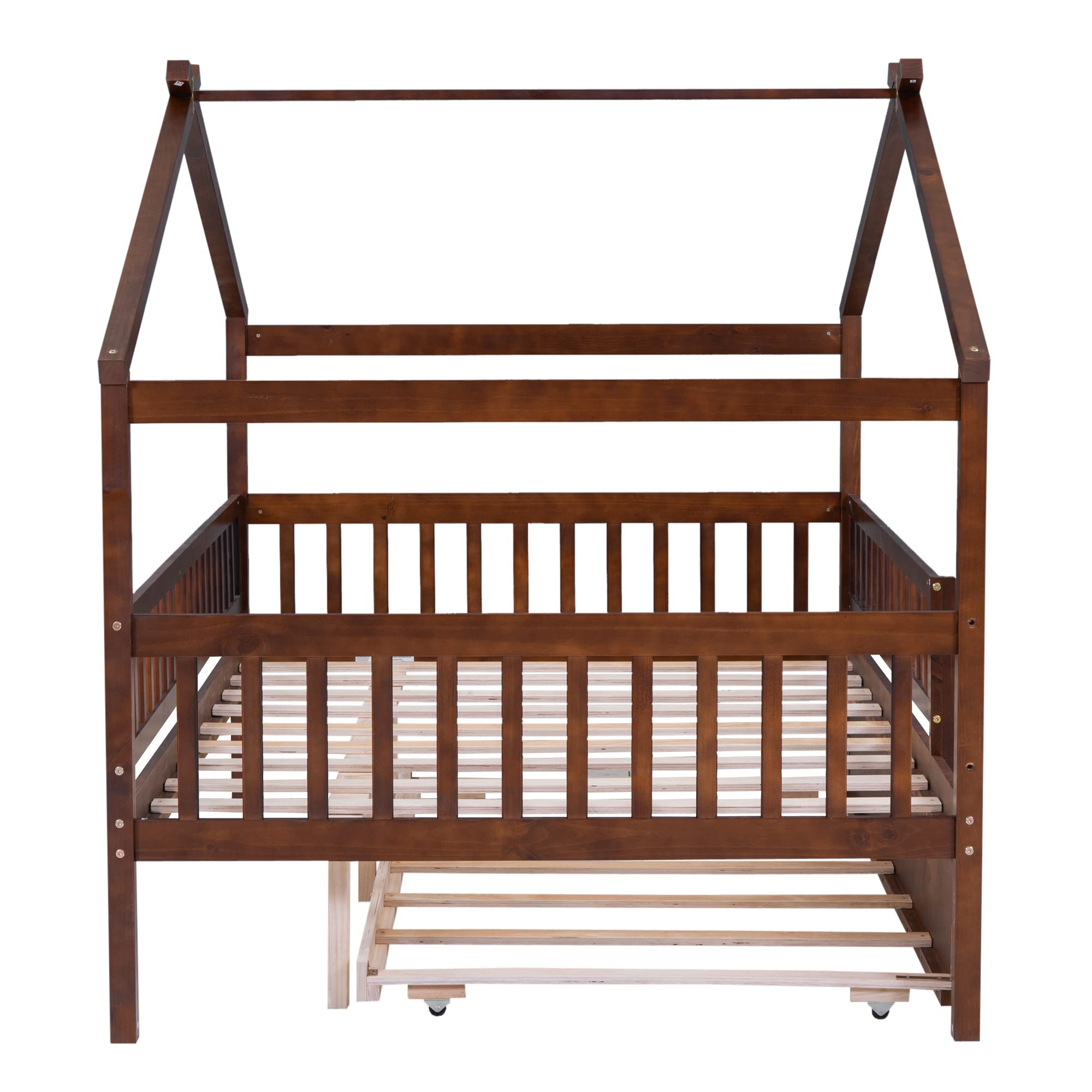 RUNNA Full Size Wooden House Bed with Twin Trundle & Roof - Solid Wood Platform Bed with Headboard & Footboard for Kids, Toddlers & Teens - Perfect for Bedrooms, Playrooms & Sleepovers (Walnut Finish, Full Size)