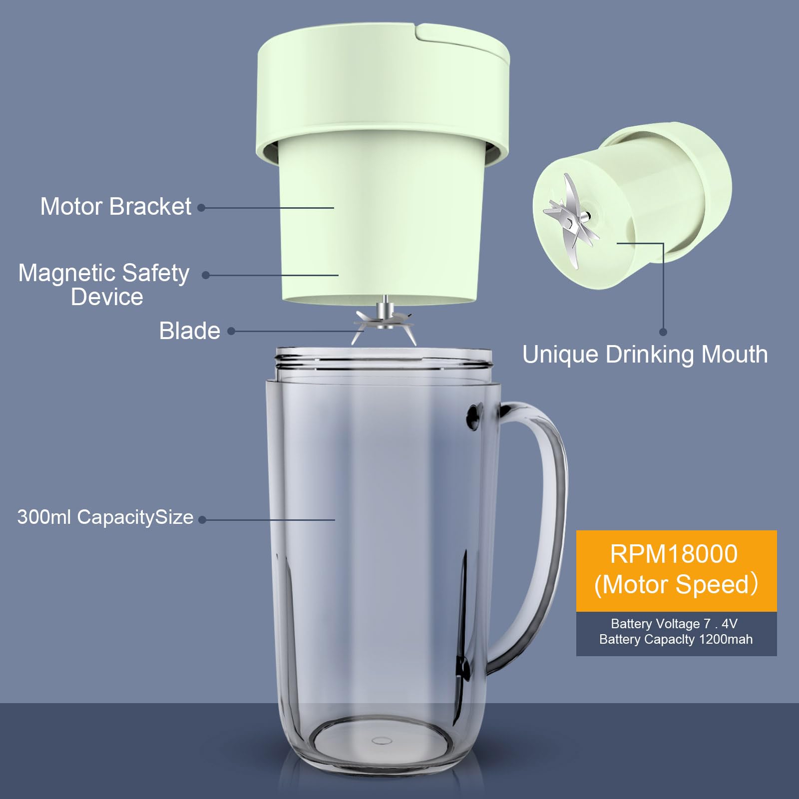 Portable USB Rechargeable Mini Blender - 10 oz Personal Smoothie Maker for Fruits, Veggies & Shakes - Lightweight & Easy to Clean - Perfect for Travel, Camping, Office & Gym (Green)