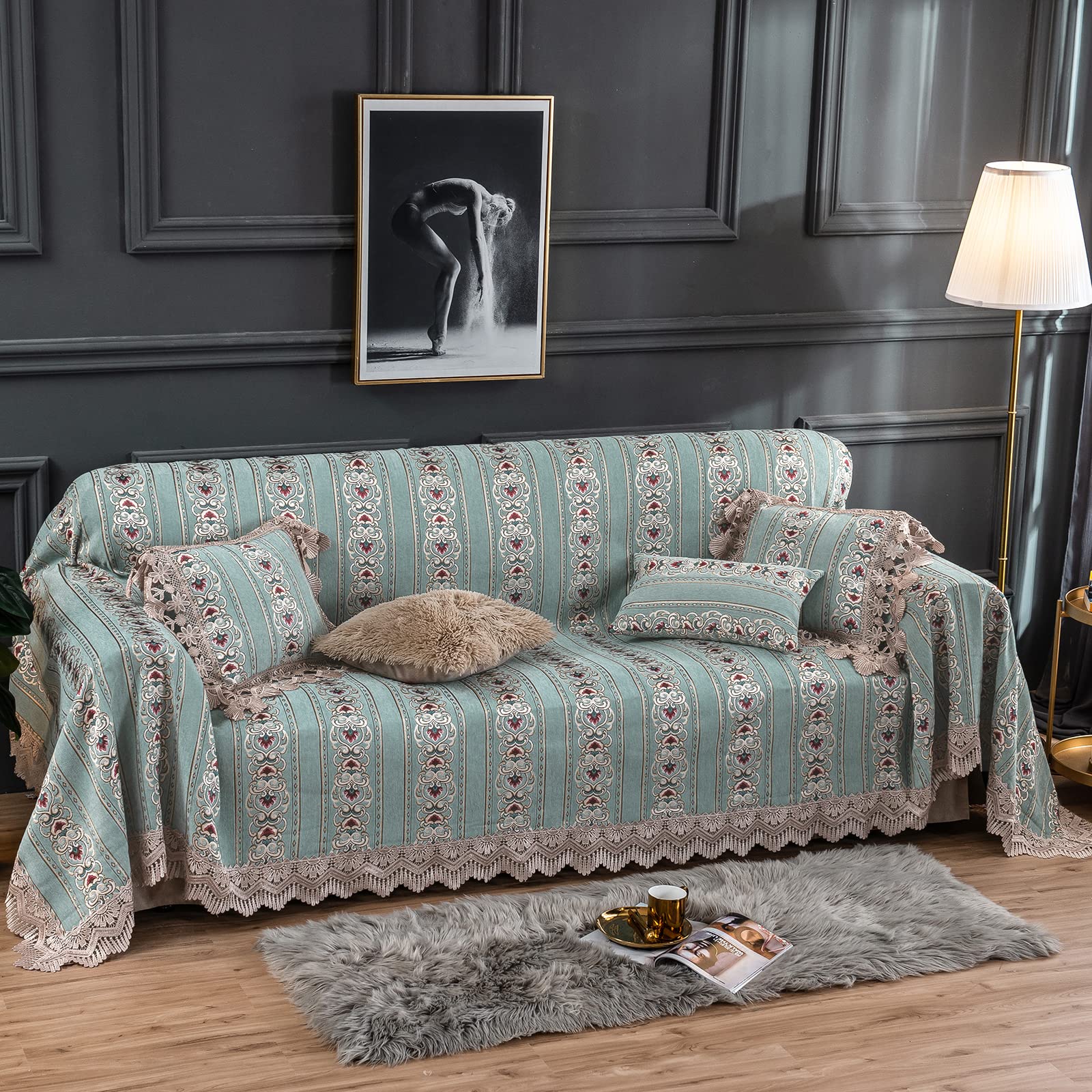Dreamingo Boho Jacquard Sofa Cover - Cyan Green Chenille Loveseat Protector for Dogs & Pets, Universal Fit for 3-Seater, L-Shape & Sectional Couches (71x118 Inches) | Elegant Lace Trim | Perfect for Living Room, Bedroom & Pet-Friendly Homes