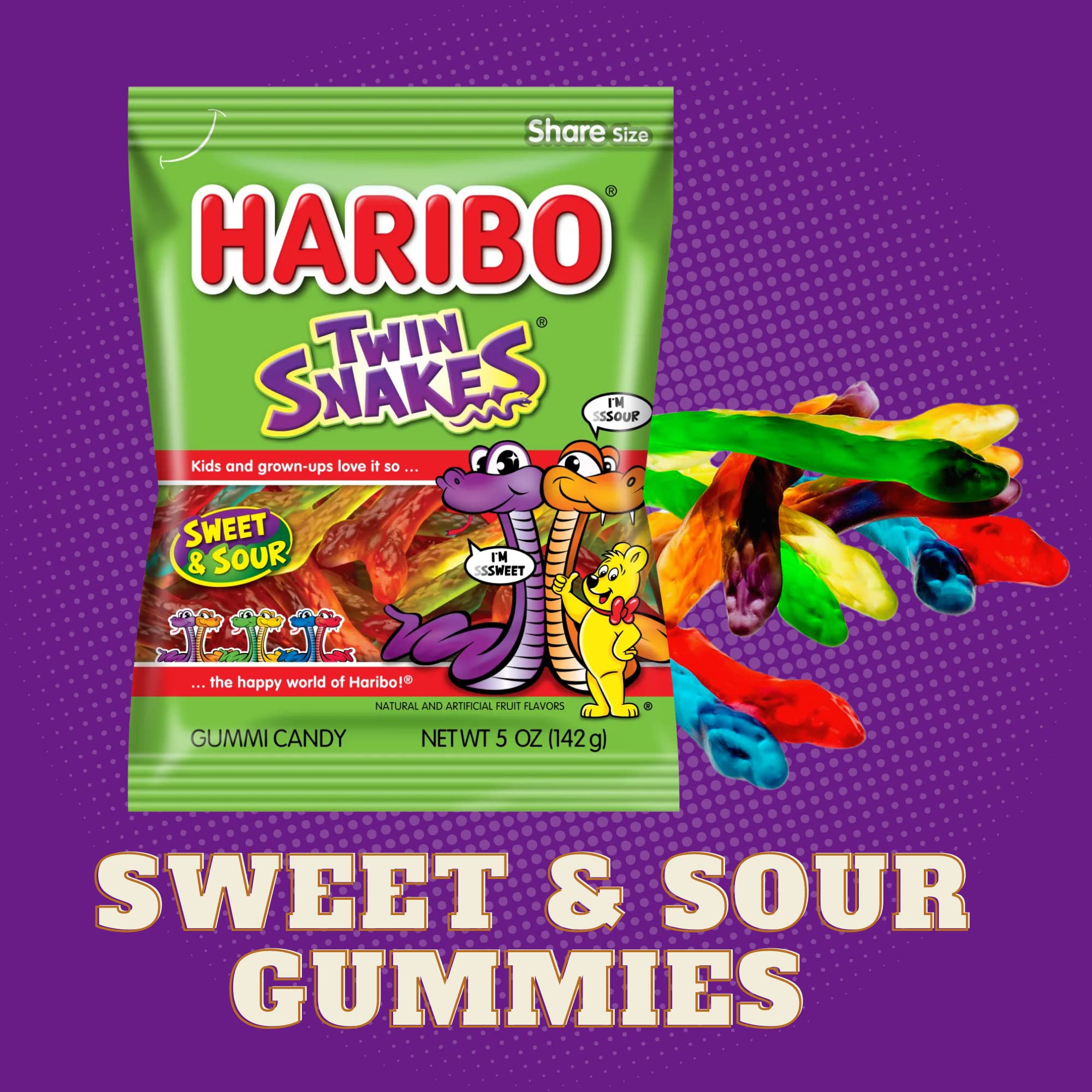 Sweet and Sour Twin Snake Gummy Candy - Chewy Fruit Flavored Gummies (5oz, Pack of 3) | Perfect for Summer Snacks, Ice Cream Toppings & Party Favors | Shareable Bulk Candy for Kids & Adults