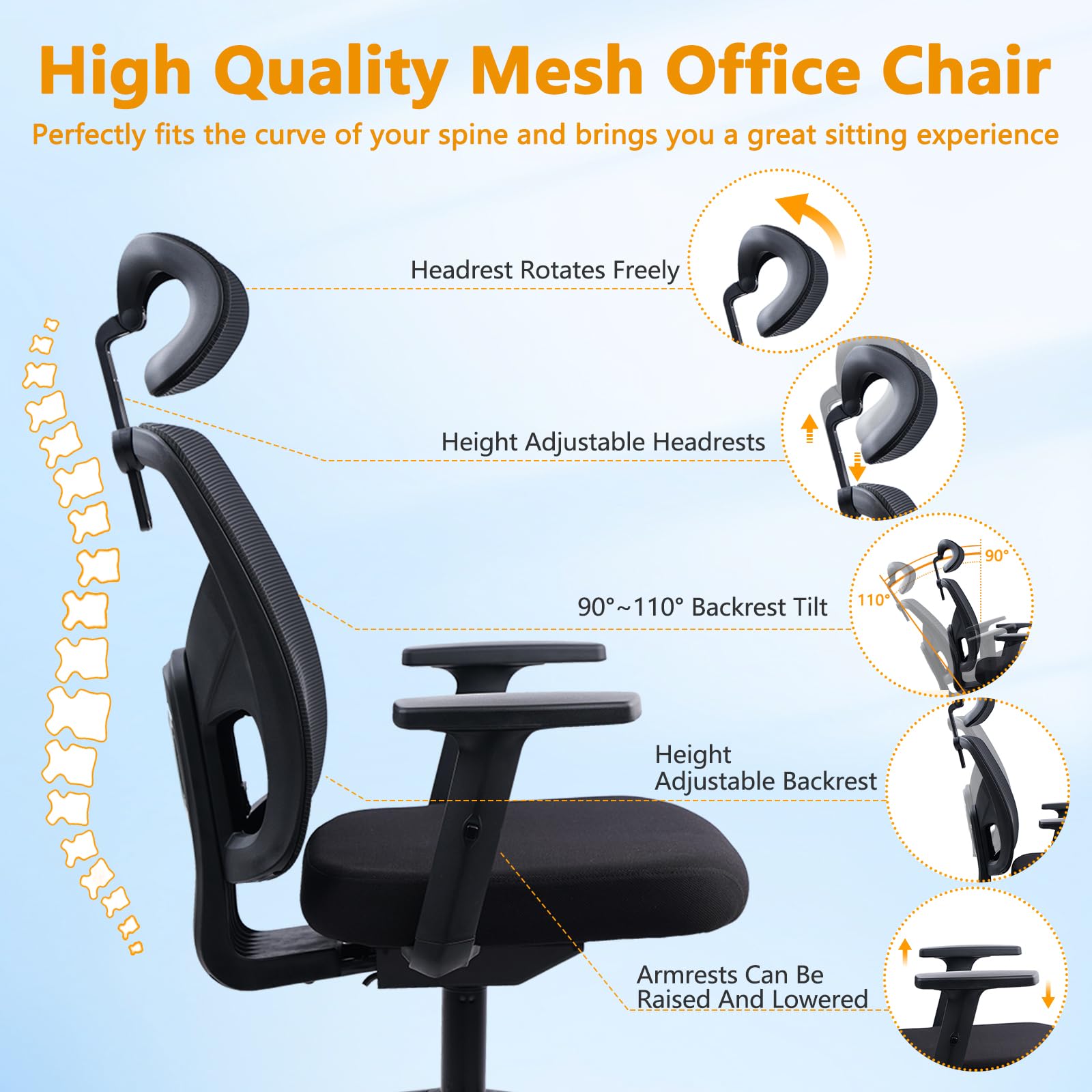 CLATINA Ergonomic Mesh Office Chair with 3D Headrest - Adjustable Lumbar Support & Lift Armrests - Big and Tall Swivel Computer Task Chair for Home Office & Conference Rooms (Black) - Perfect for Long Work Hours & Video Meetings