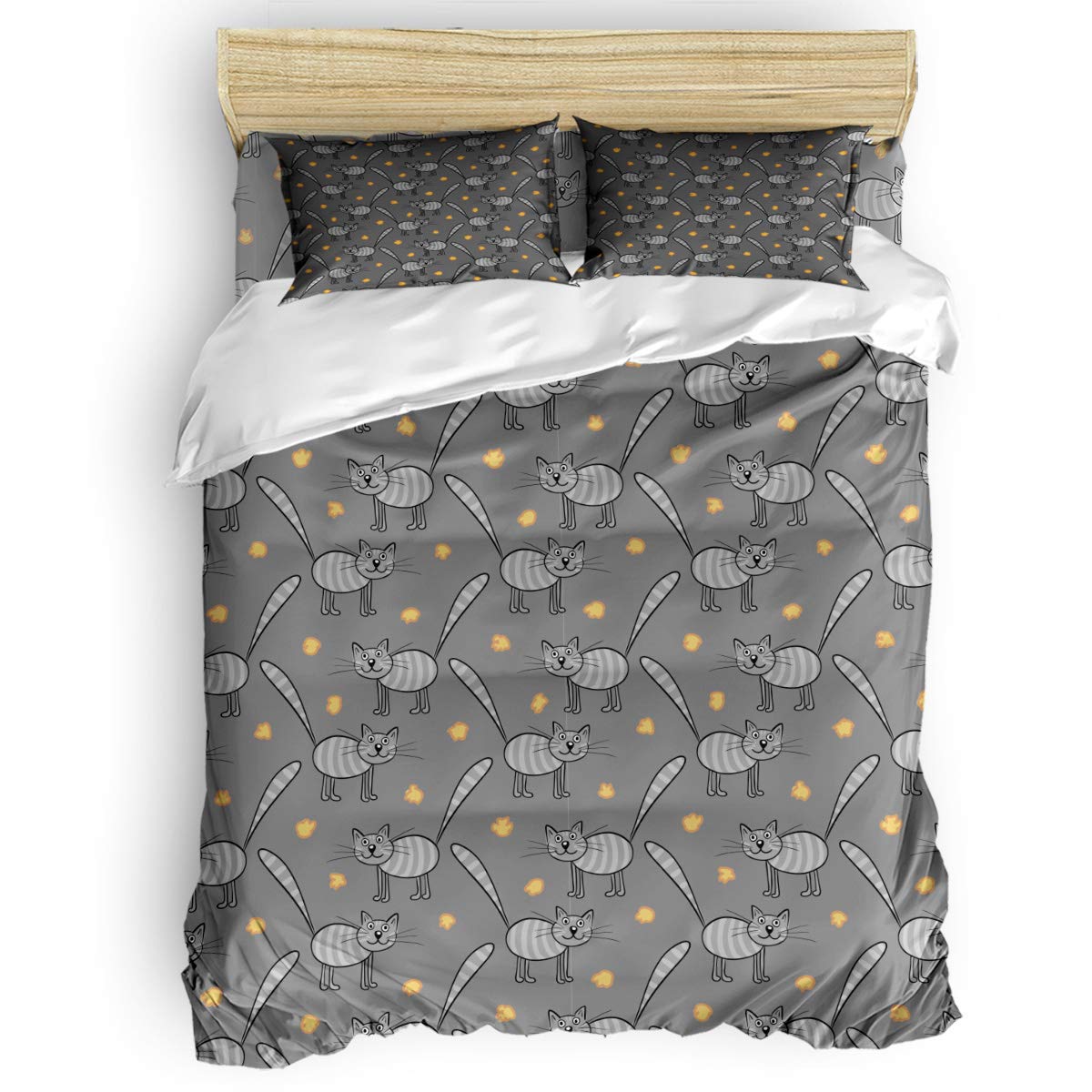 Premium Luxury Bed Sheet Set - Soft Duvet Cover with Hand-Painted Cat Grey Animal Pattern - 4 Piece Full Size Bedding Collection (1 Flat Sheet, 1 Comforter Cover, 2 Pillowcases) - Perfect for Modern Bedrooms, Guest Rooms & Cozy Home Decor