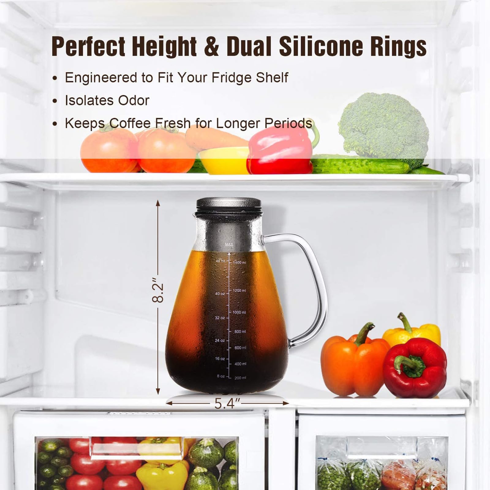 Premium Cold Brew Coffee Maker 51oz - BPA-Free Glass Pitcher with Removable 304 Stainless Steel Double Mesh Filter - Iced Coffee & Tea Infuser for Home, Office, and Outdoor Use