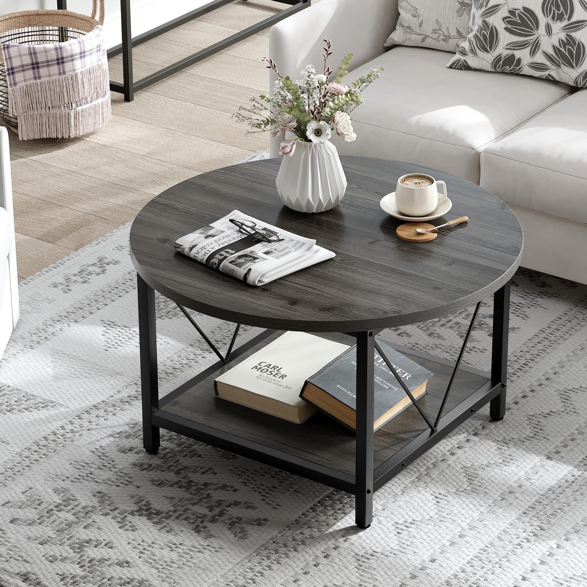 YITAHOME Round Coffee Table with Storage Shelf - Rustic Wood Modern Farmhouse Center Table with Sturdy Metal Legs for Living Room, Grey | Perfect for Small Spaces, Coffee Time & Family Gatherings