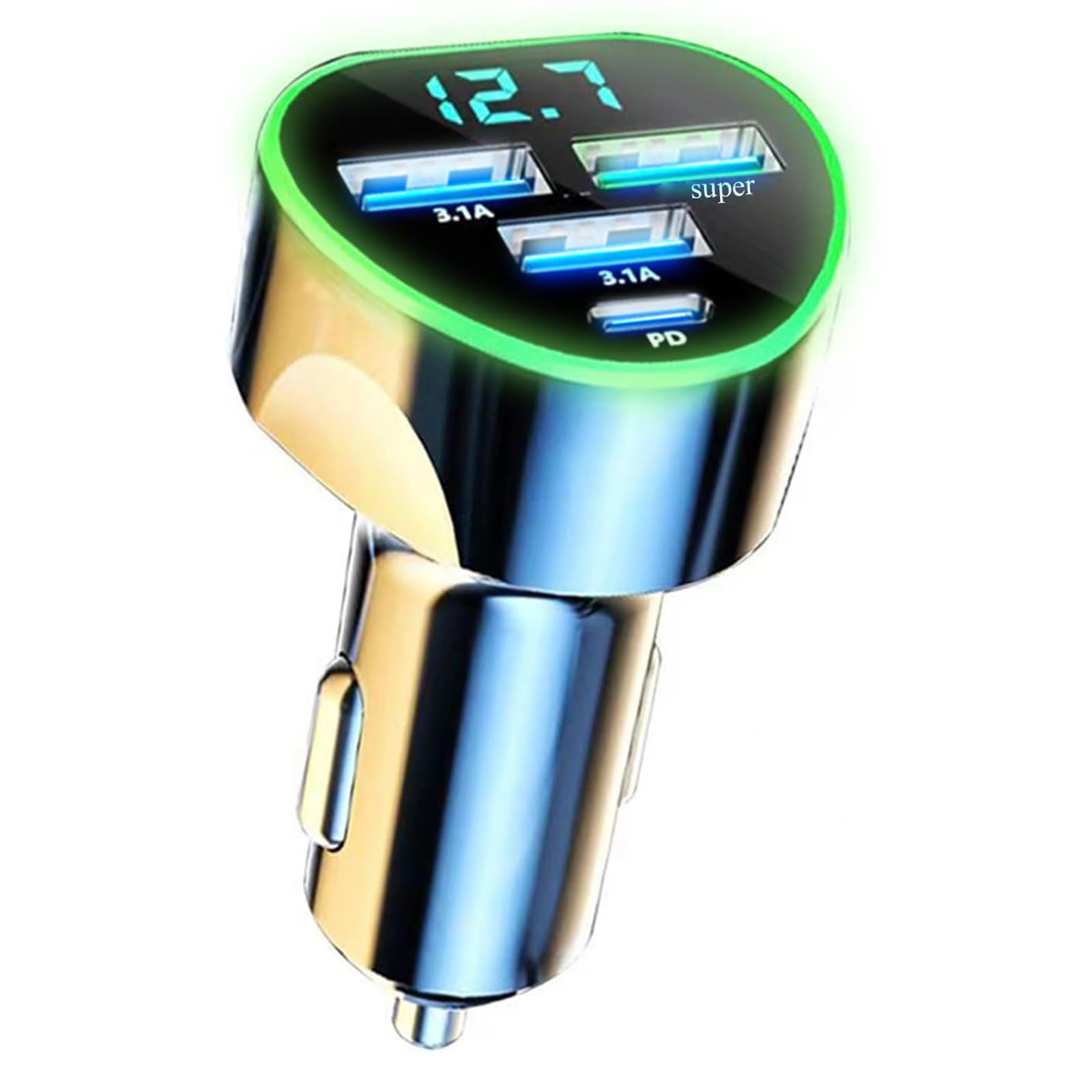4-in-1 Multi Port USB C Car Charger with Voltage Display - Super Fast Cigarette Lighter Adapter for iPhone 16/15 Pro Max/14 Plus/13/12/11 & Samsung Android Phones - Perfect for Road Trips & Long Drives