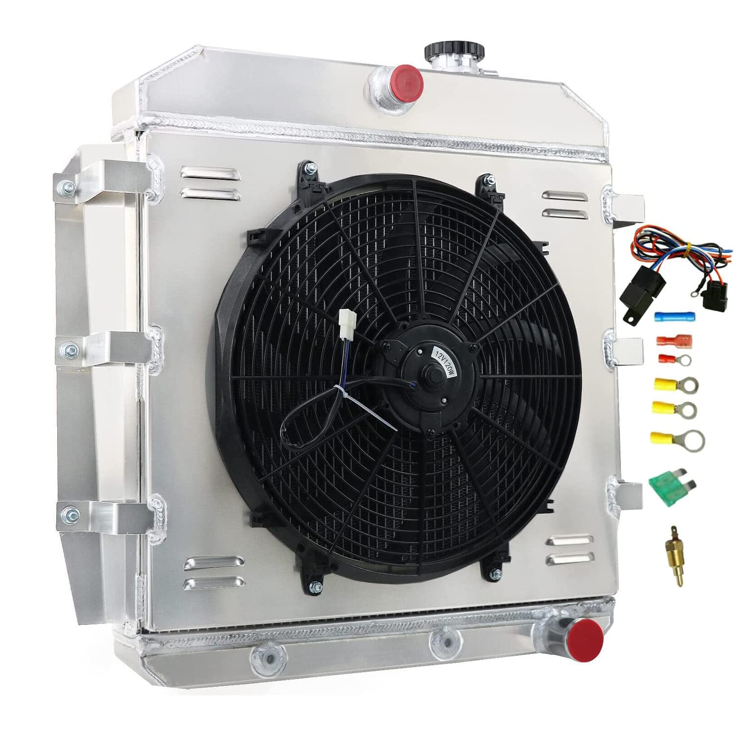 4 Row Aluminum Radiator with Electric Fan Shroud & Thermostat Kit - Compatible with 1955-1959 Chevy Truck, Pickup, Suburban, Apache & GMC Models (1956, 1957, 1958) - Perfect for Classic Car Restoration & Hot Rod Cooling System Upgrades