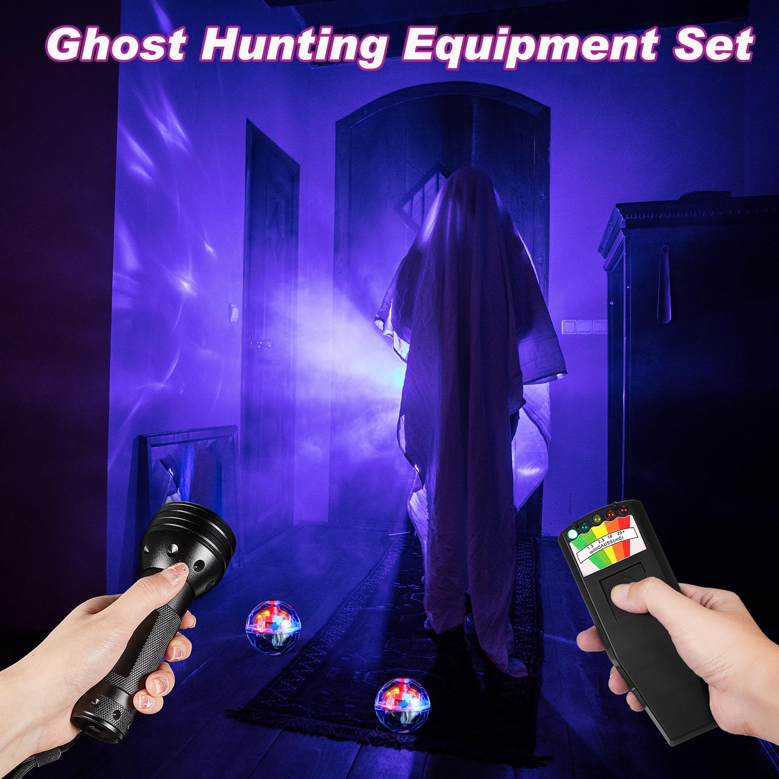 6-Piece Ghost Hunting Kit with EMF Meter, UV Flashlight & 4 LED Cat Balls - Professional Paranormal Investigation Equipment for Home, Office & Field Research - Perfect Gift for Ghost Hunters (Strong Light)