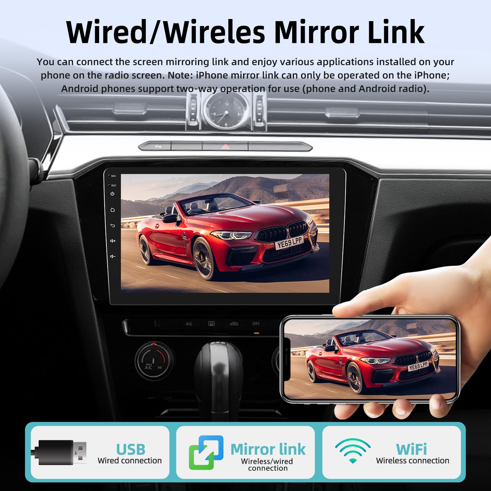 10.1 Inch Android Double Din Car Stereo - 1GB RAM 32GB ROM Touch Screen Car Radio with Wireless/Wired Mirror Link, 1080P HD, WiFi, Bluetooth, EQ, Steering Wheel Control + Backup Camera & MIC - Perfect for Car Audio Upgrade & Hands-Free Driving
