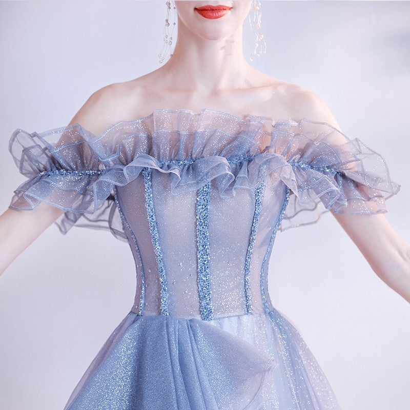 Elegant Blue Off-Shoulder Long Prom Dress with Tulle Skirt - Formal Evening Gown for Homecoming, Wedding & Special Occasions | Size 150