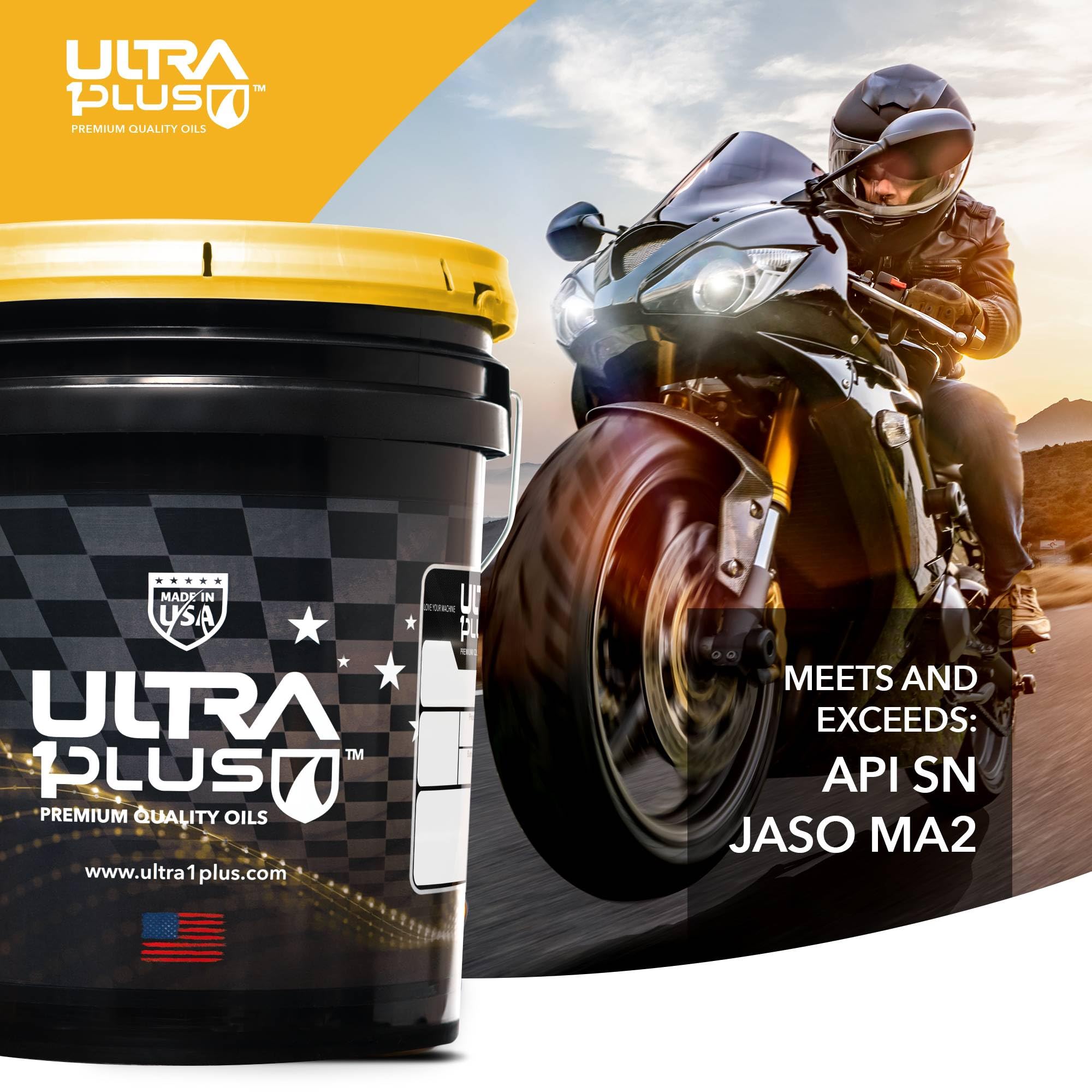 Ultra1Plus SAE 15W-60 Full Synthetic 4T Motorcycle Engine Oil - API SN JASO MA2 Certified - 5 Gallon Pail for High-Performance Bikes, Dirt Bikes & ATVs - Ideal for Racing, Off-Road & Extreme Temperature Conditions