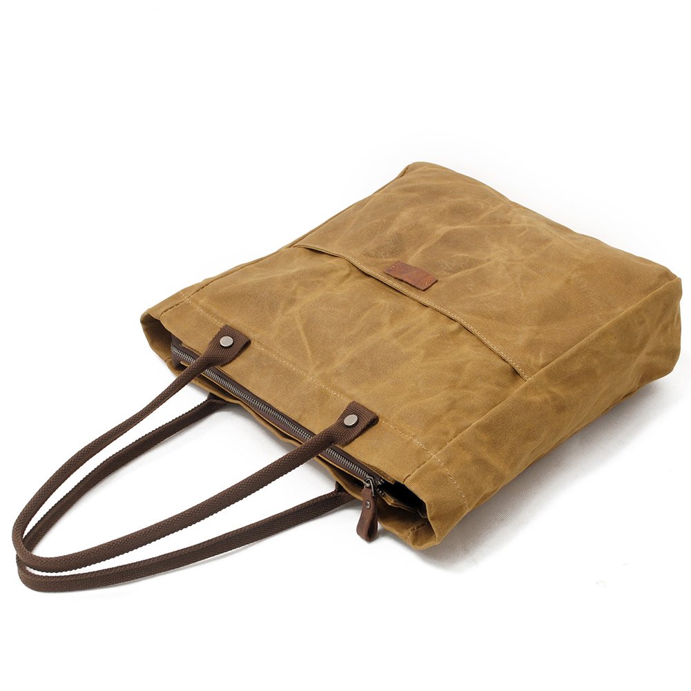 Stylish Women's Waxed Canvas Tote Bag with Genuine Leather Trim - Waterproof Work & Travel Shoulder Purse - Fits 14