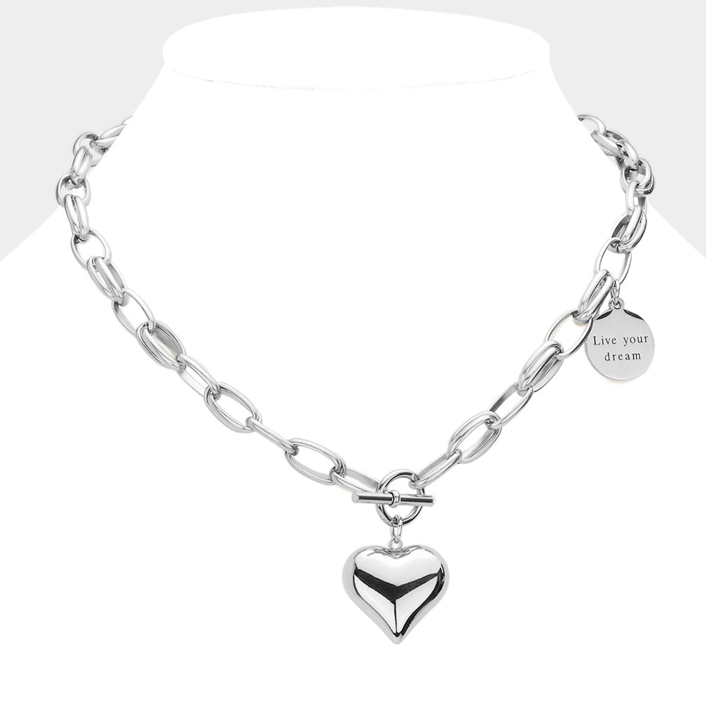 Silver Metal Heart Pendant Necklace with 'Live Your Dream' Message Charm - Perfect for Gifts, Valentine's Day & Everyday Wear