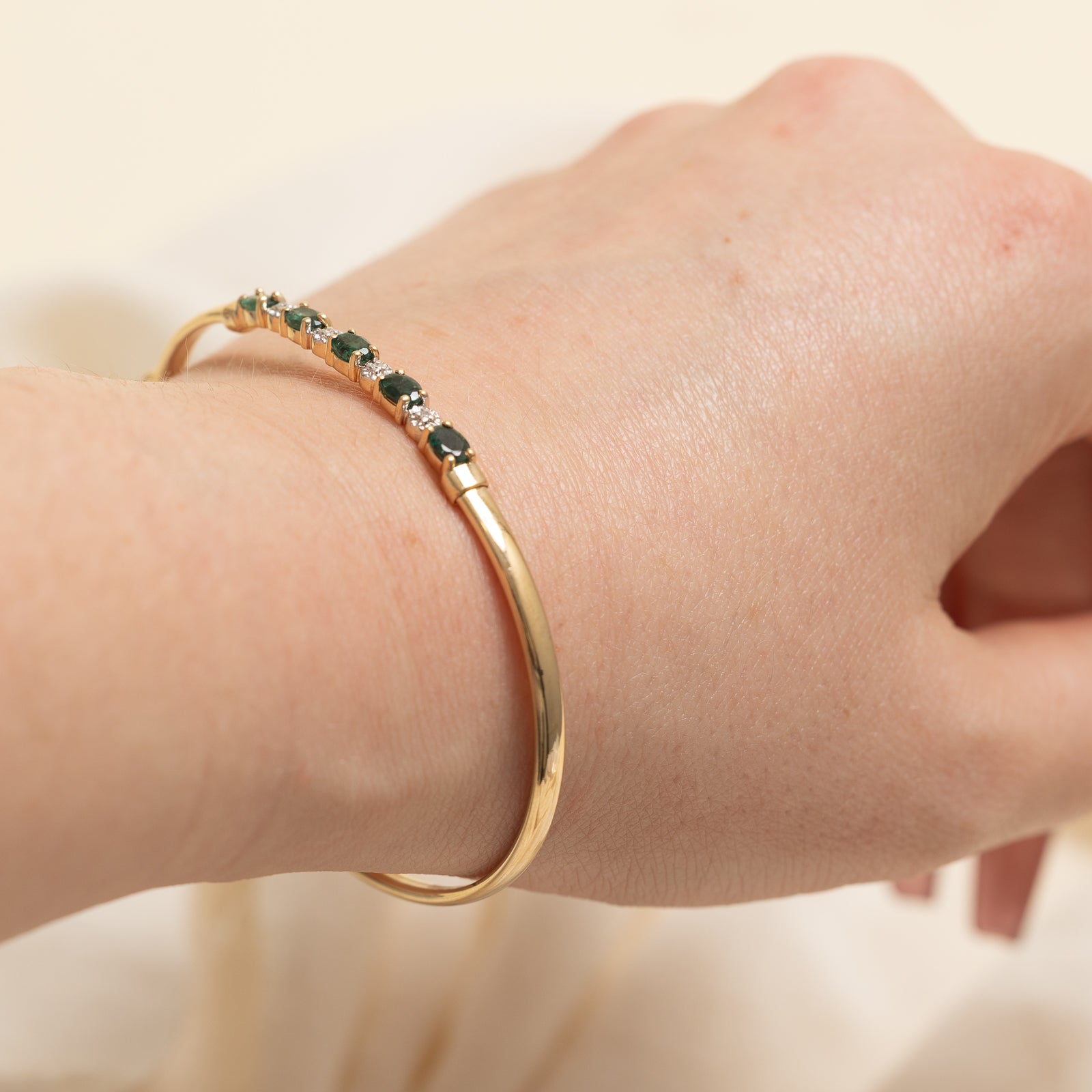 Emerald and Diamond Bangle Bracelet - 1.00ctw Genuine Emerald & 0.015ctw Real Diamonds - 7 Inches Adjustable for Women - Perfect for Weddings, Anniversaries & Special Occasions