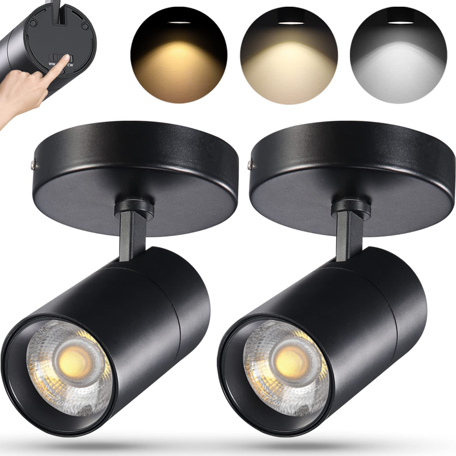 VANoopee 3 Color Dimmable LED Ceiling Spotlight - Adjustable Directional Flush Mount Light, 20W 2000lm CRI90 36° Flicker-Free for Living Room, Bedroom, Kitchen - Black (2 Pack) - Perfect for Accent Lighting & Home Decor