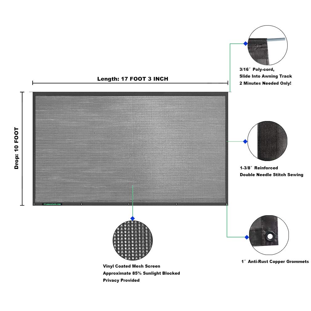 Leaveshade RV Awning Sun Shade Screen 10' X 17' 3'' - Premium Mesh Sunshade for RV, Motorhome & Camping Trailer - Blocks 95% UV Rays, Reduces Heat & Glare - Durable Black Sunblocker with 3-Year Warranty - Perfect for Outdoor Camping, Road Trips & Summer Protection