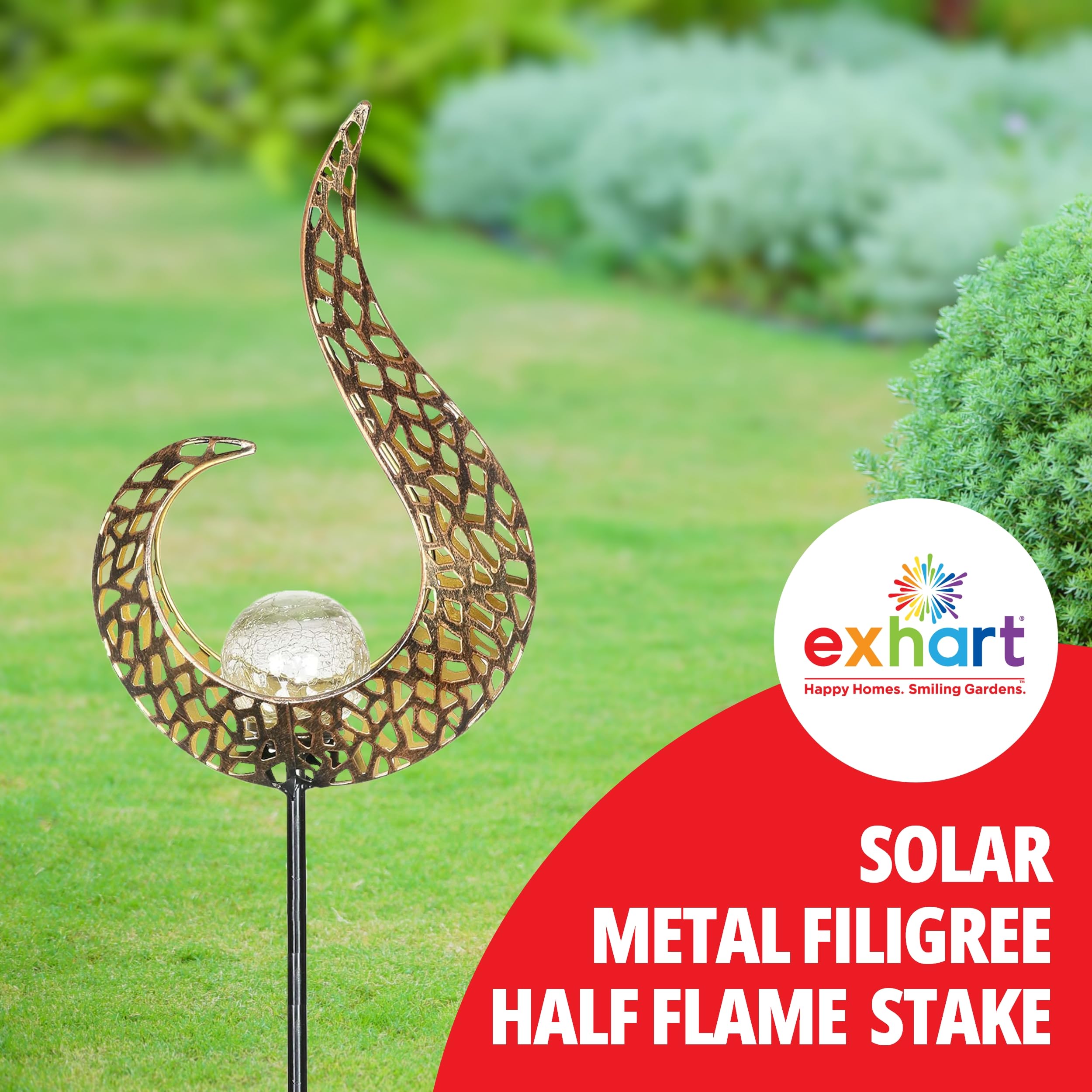 Exhart Solar Garden Lights - Half Flame Metal Filigree Torch Stake with Flickering LED Crackle Glass Ball - Outdoor Solar Decor (6.5 x 3 x 35.5 Inch) for Patio, Yard, Pathway & Landscape Lighting