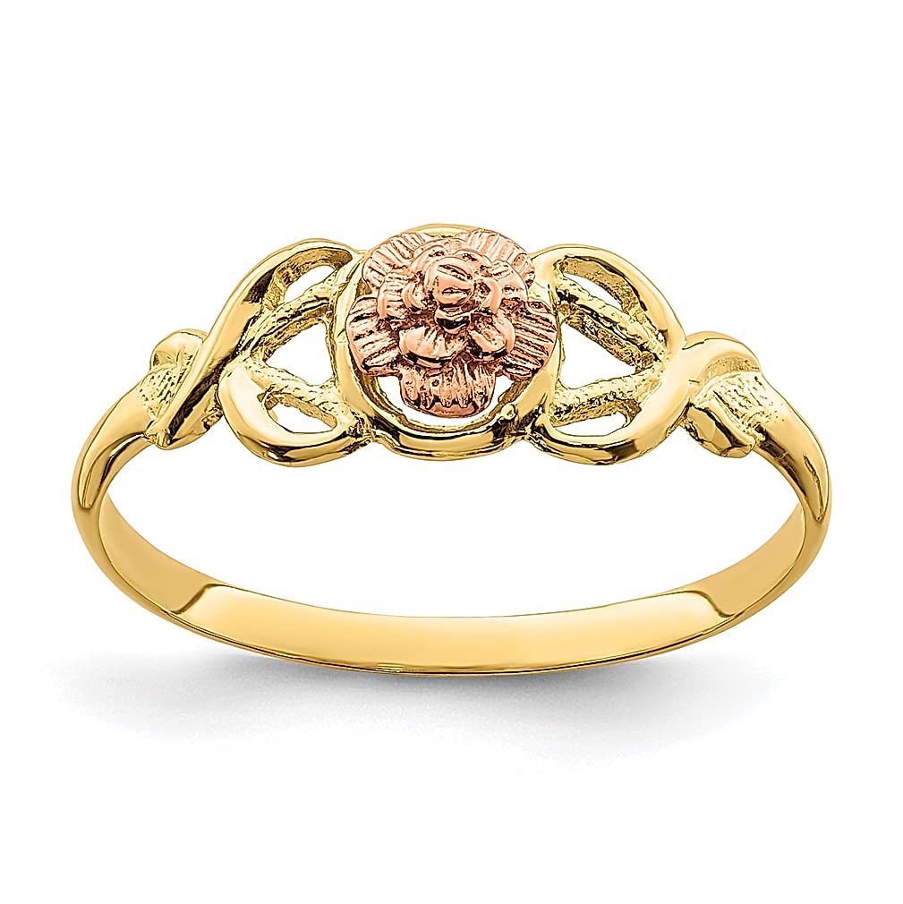 14K Two-Tone Yellow Gold Band Ring Size 7.00 - Floral Leaf Design Fine Jewelry for Women - Perfect Gift for Her - Ideal for Weddings, Anniversaries & Special Occasions