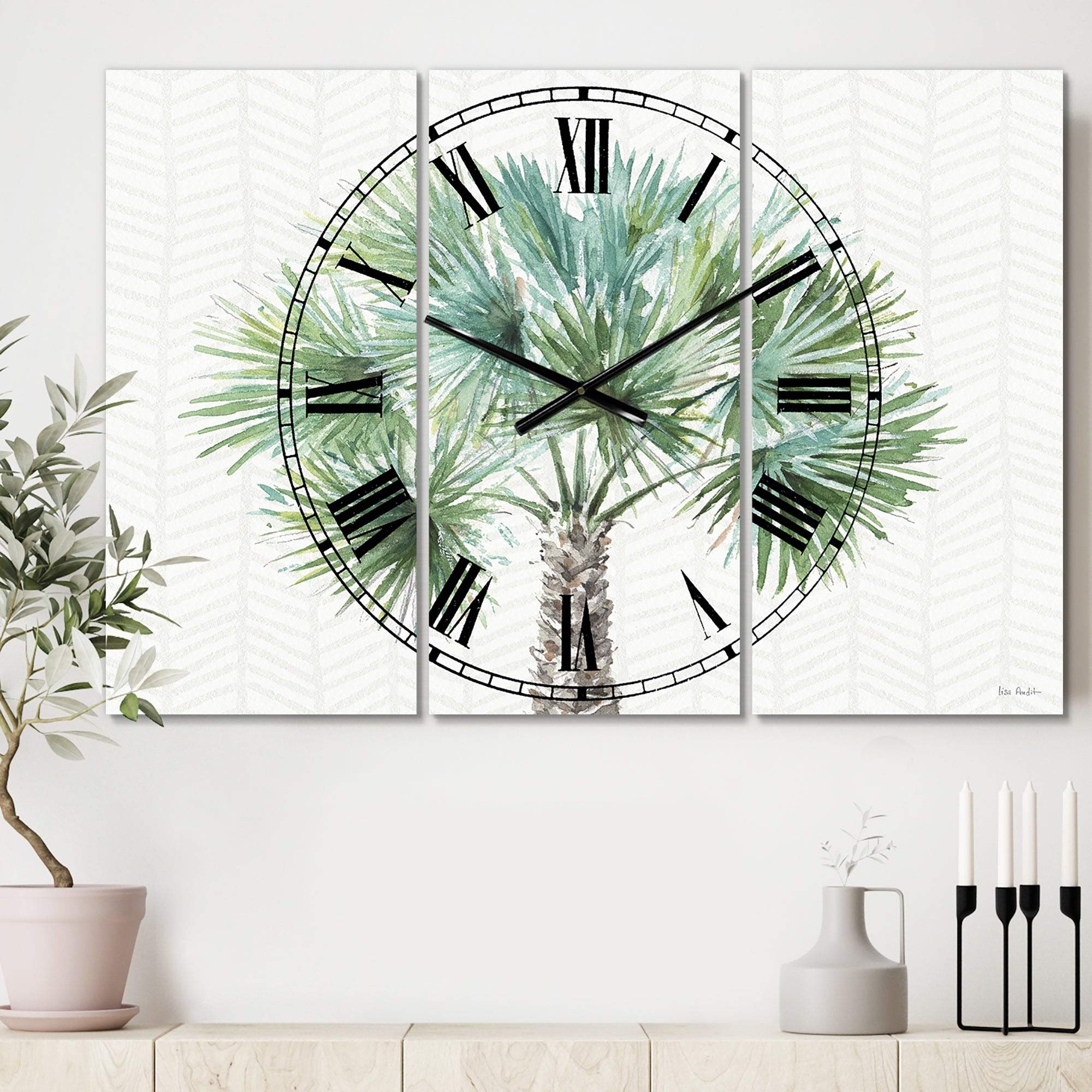 DesignArt 'Mixed Botanical Greens Palms III' Oversized 3-Panel Wall Clock - 36