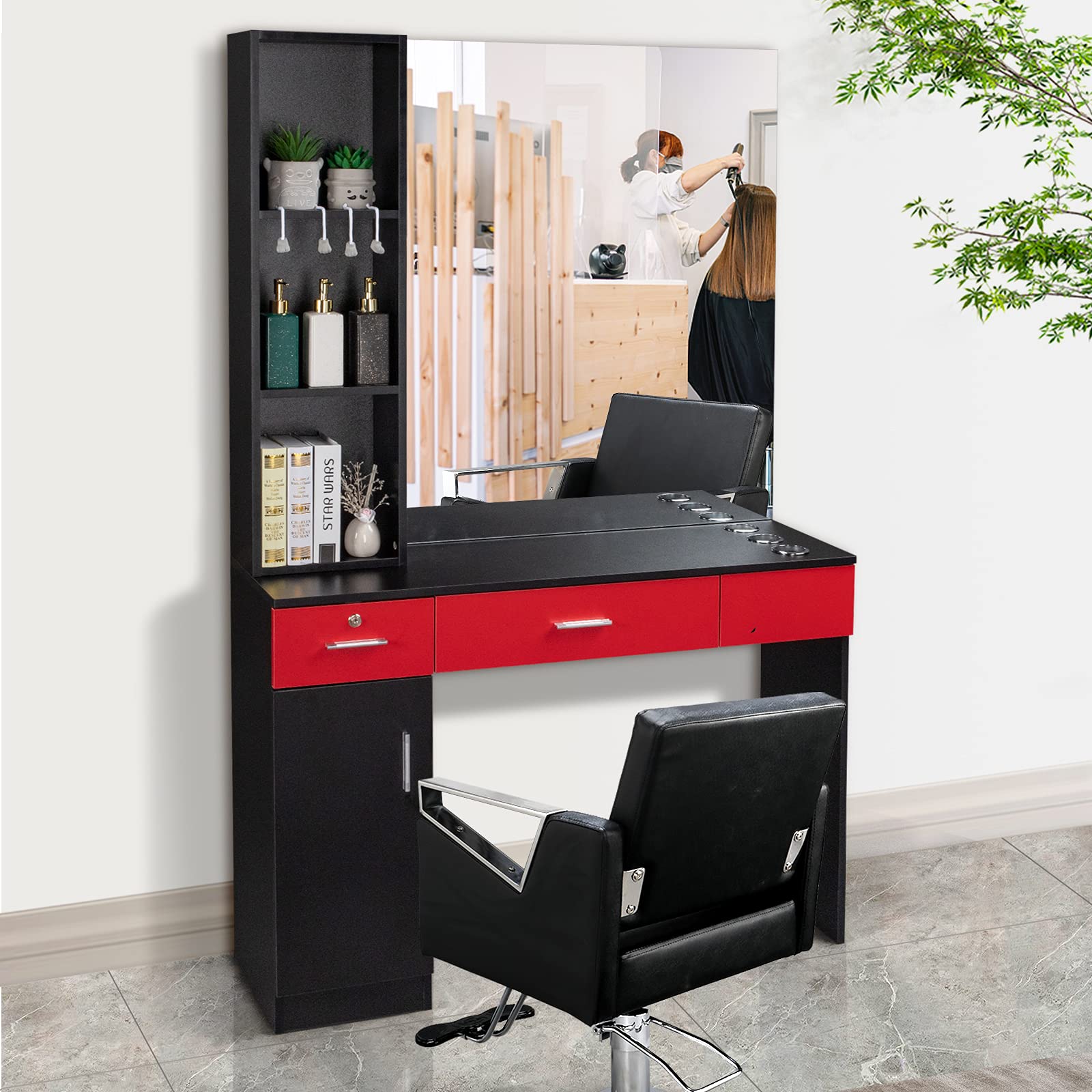 Mefeir Wall Mount Hair Styling Barber Station with Support Leg & Mirror - Professional Hair Salon Equipment & Spa Furniture Set (Red & Black) - Perfect for Barbershops, Salons & Home Styling Stations