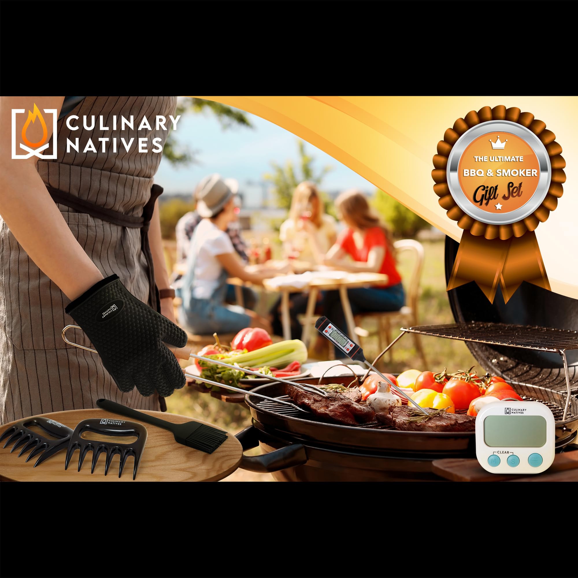 Premium BBQ Grill Gloves & Meat Claws Set with Digital Thermometer, Timer & Brush – Ultimate Grilling Accessories Kit for Pulled Pork, Brisket, Ribs & Smoking – Perfect for Backyard BBQs, Camping & Outdoor Cooking (Black)