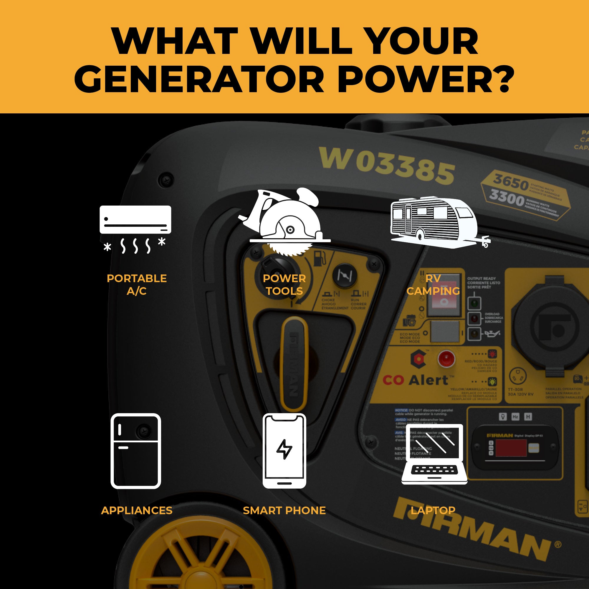 3650W Portable Inverter Generator with CO Alert - Quiet, Reliable Power for Camping, RV Trips & Emergency Backup