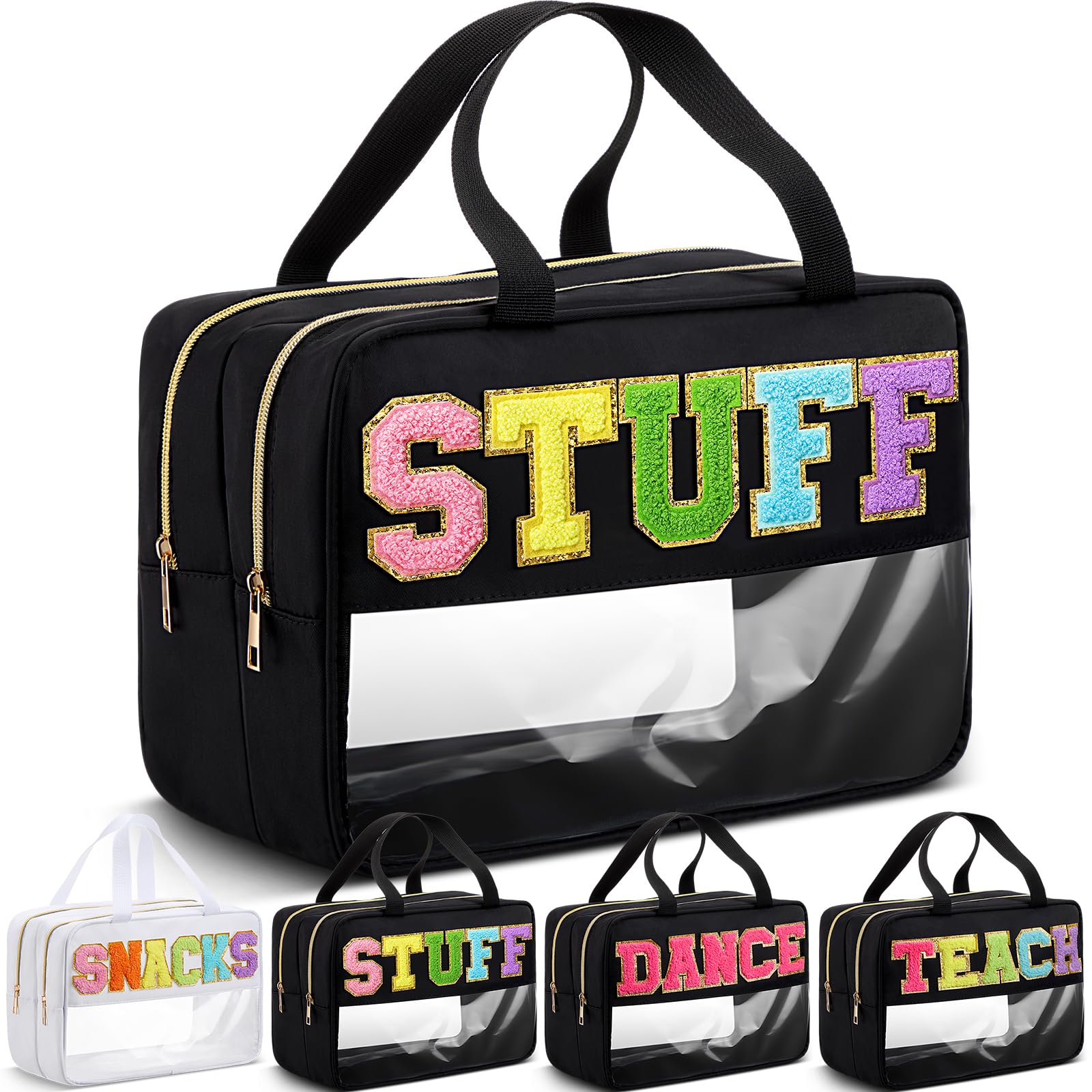 Pinkunn Large Clear Chenille Letter Makeup Bag - Double Layer Waterproof Cosmetic Organizer with Zipper, Travel Toiletry Pouch for Women & Girls (Black) - Perfect for Travel, Gym, and Daily Makeup Storage