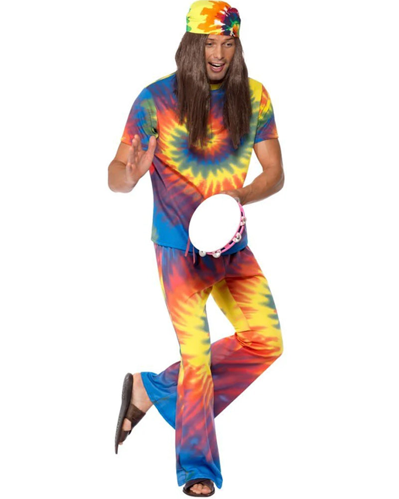 Vibrant 60s Rainbow Tie Dye Men's Costume - Hippie Outfit for Halloween, Theme Parties & Music Festivals