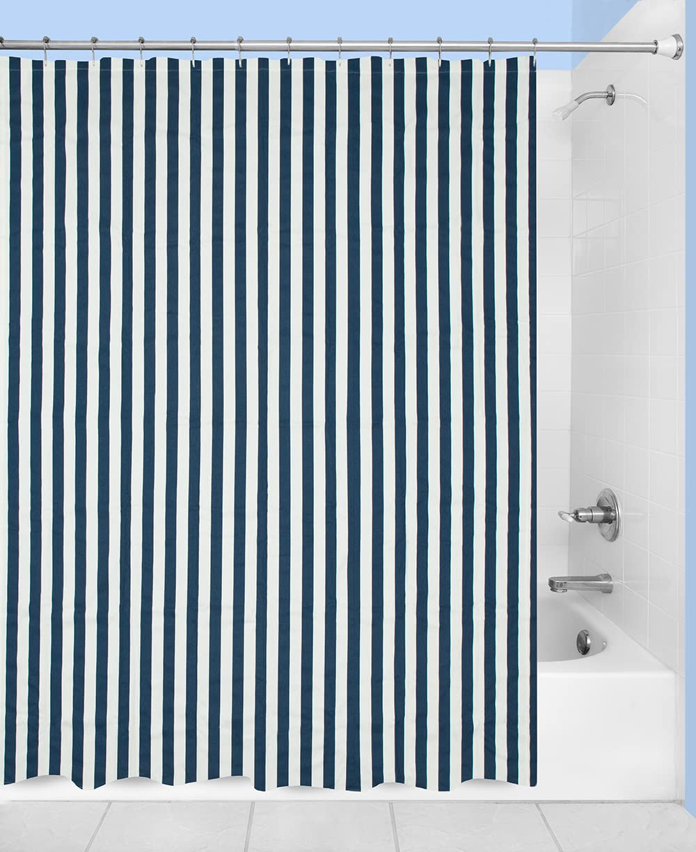 Extra Long 84 Inch Navy Blue Striped Shower Curtain - Luxury Cotton Fabric Bathroom Curtain for Bathtub & Shower Stall - Waterproof & Elegant Home Decor