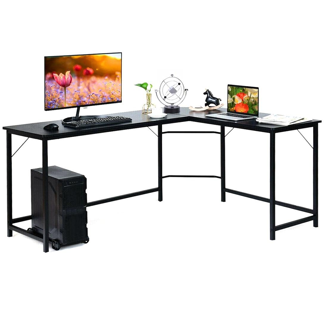 49in L-Shaped Corner Computer Desk - Multifunctional Steel & Wood Gaming Desk for Home Office, Study & Workstation - Perfect for Small Spaces & PC Gaming Setups (Black)